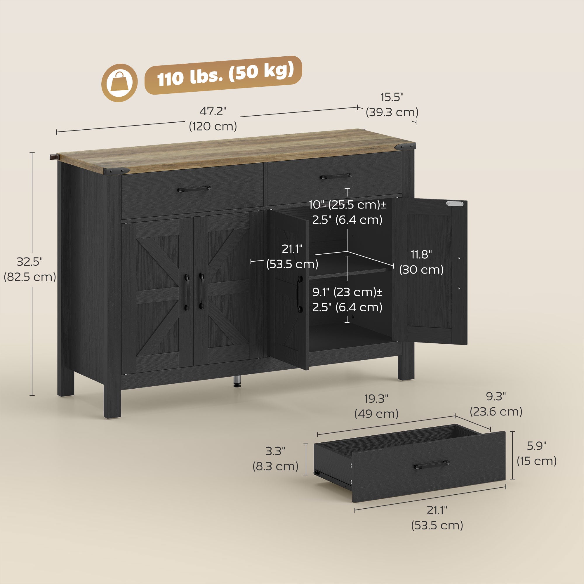 Farmhouse Sideboard Buffet Cabinet with Barn Doors - Black-DECOROLALA