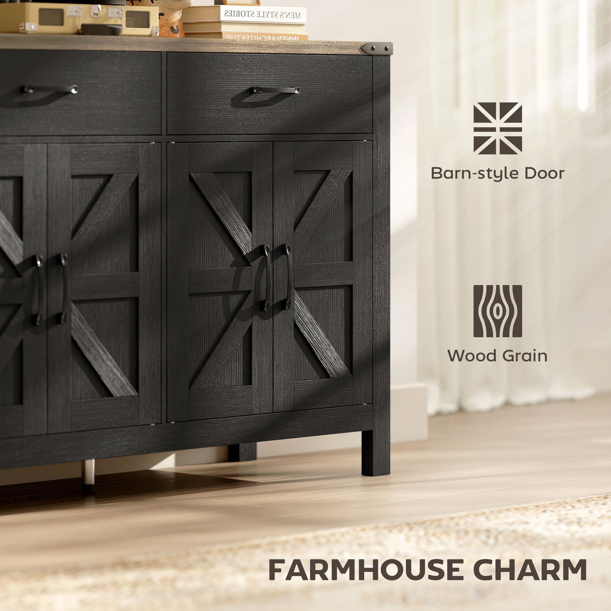 Farmhouse Sideboard Buffet Cabinet with Barn Doors - Black-DECOROLALA