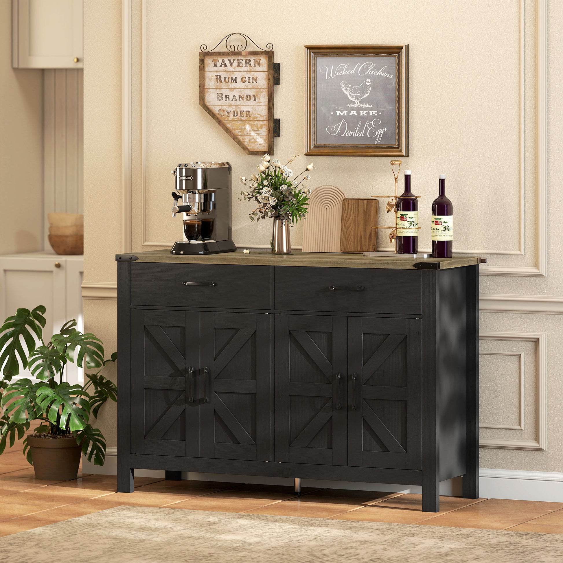 Farmhouse Sideboard Buffet Cabinet with Barn Doors - Black-DECOROLALA