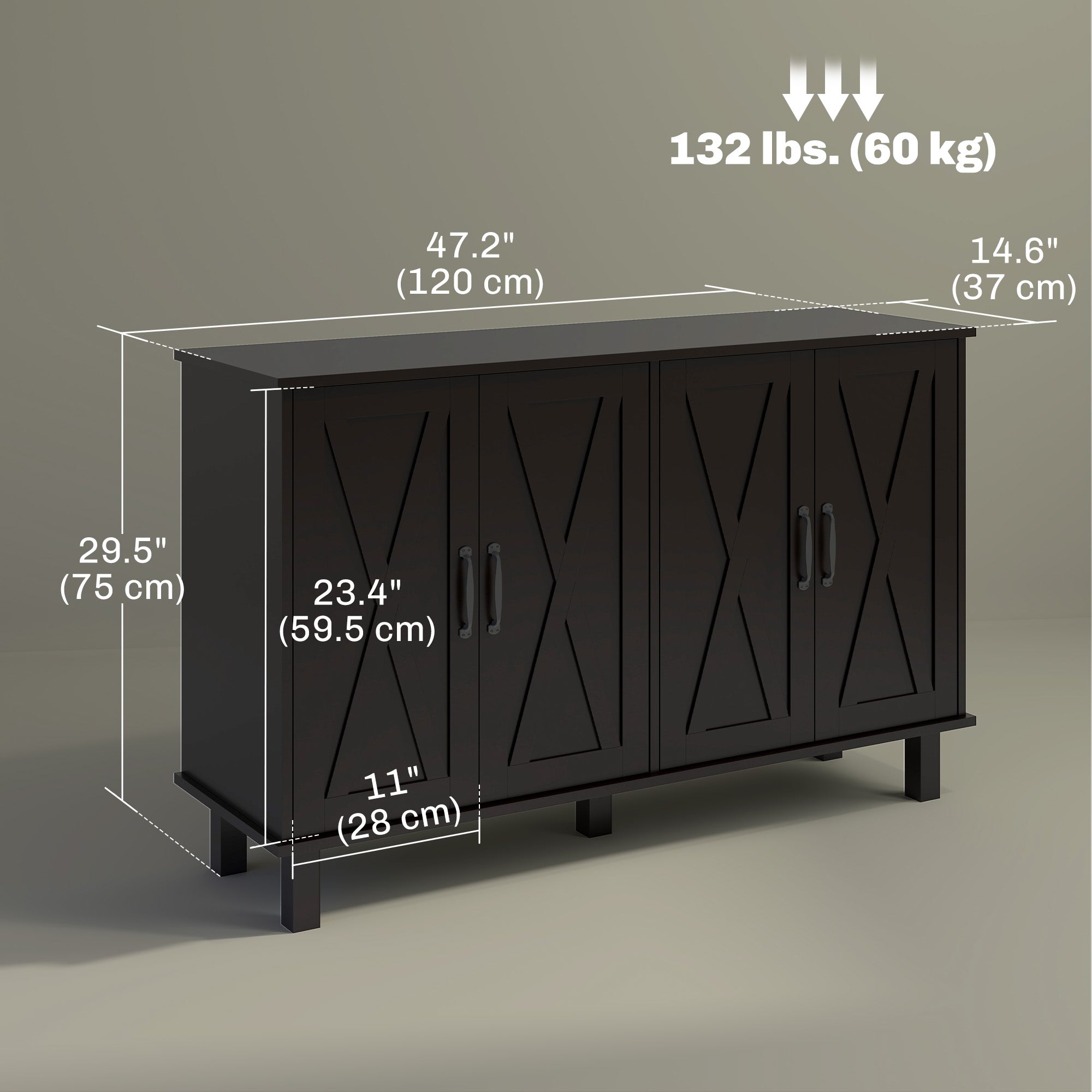 Farmhouse Sideboard Cabinet 4 Barn Doors Black 47"-DECOROLALA