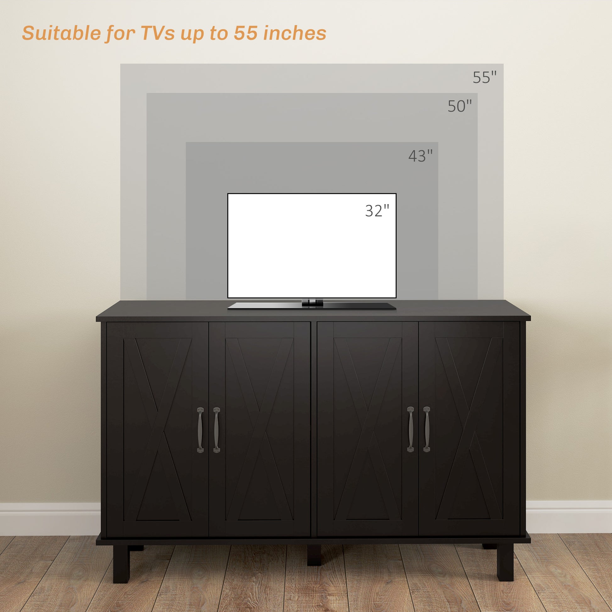 Farmhouse Sideboard Cabinet 4 Barn Doors Black 47"-DECOROLALA