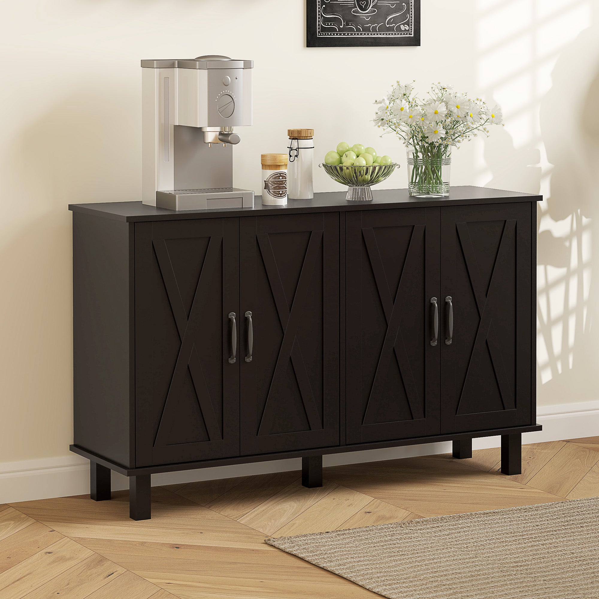 Farmhouse Sideboard Cabinet 4 Barn Doors Black 47"-DECOROLALA