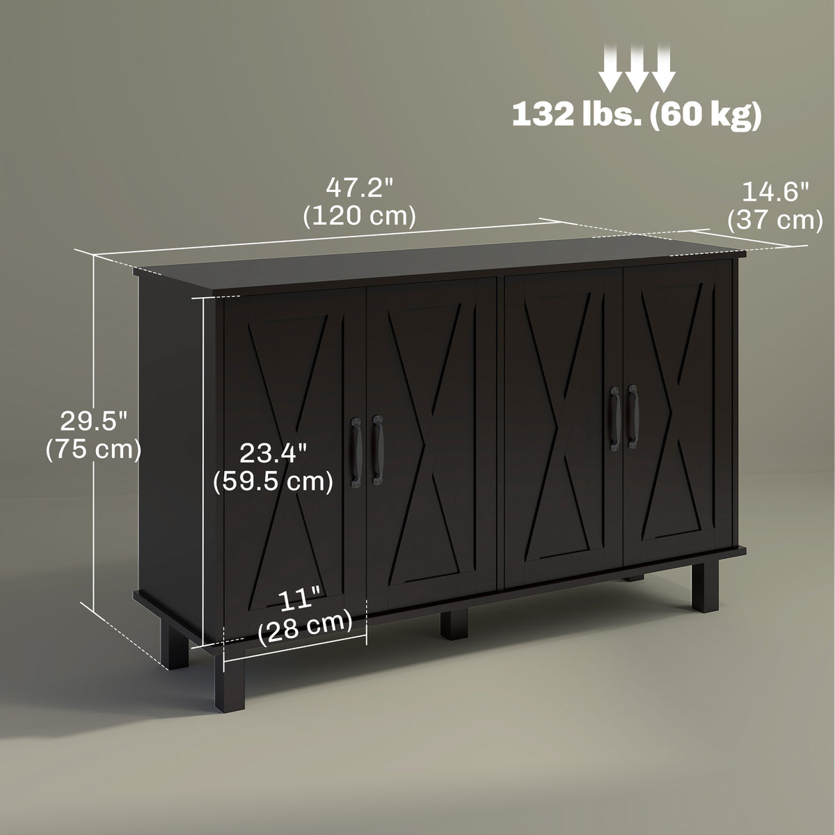 Farmhouse Sideboard Cabinet 4 Barn Doors Black 47"-Sideboards & Buffets-DECOROLALA