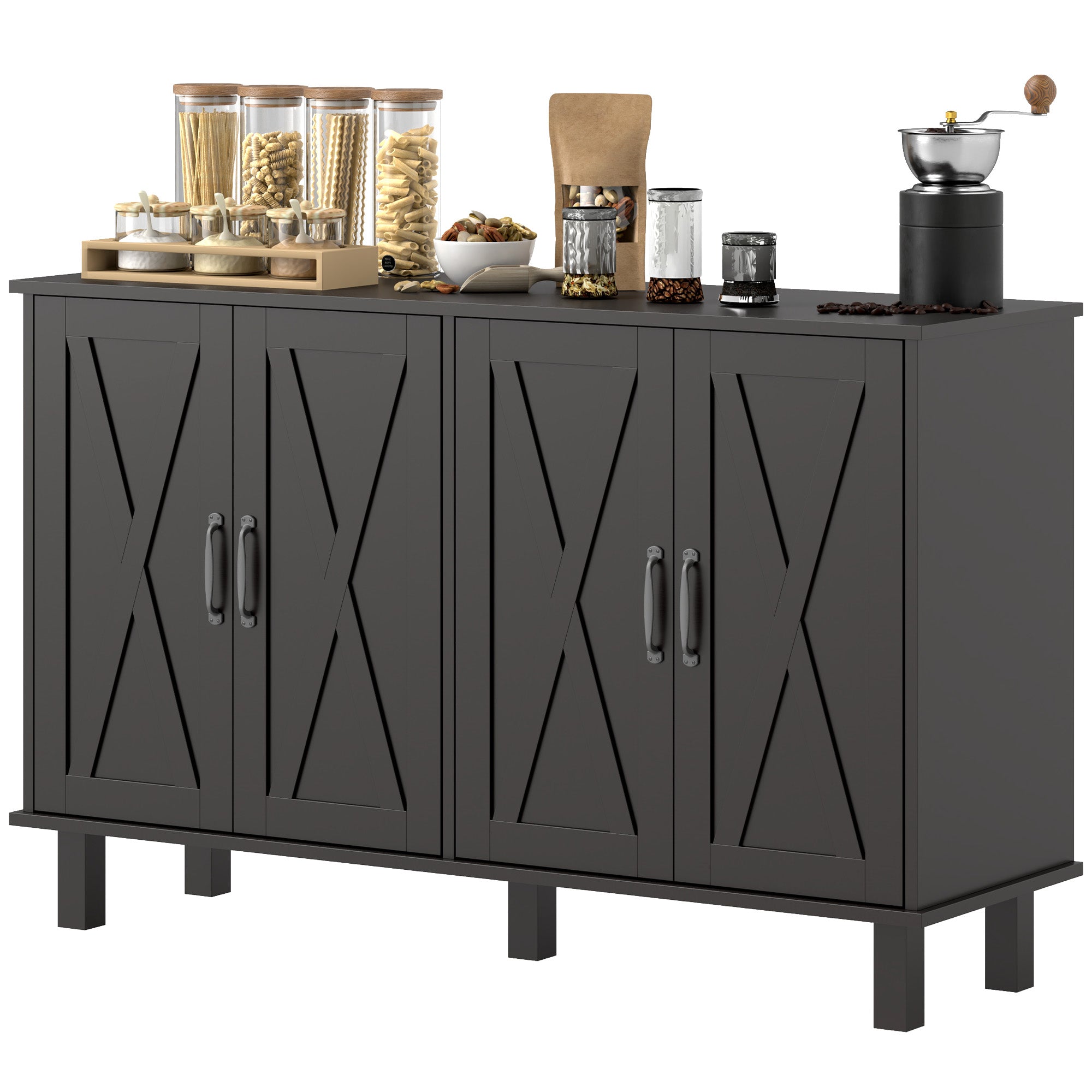 Farmhouse Sideboard Cabinet 4 Barn Doors Black 47"-DECOROLALA