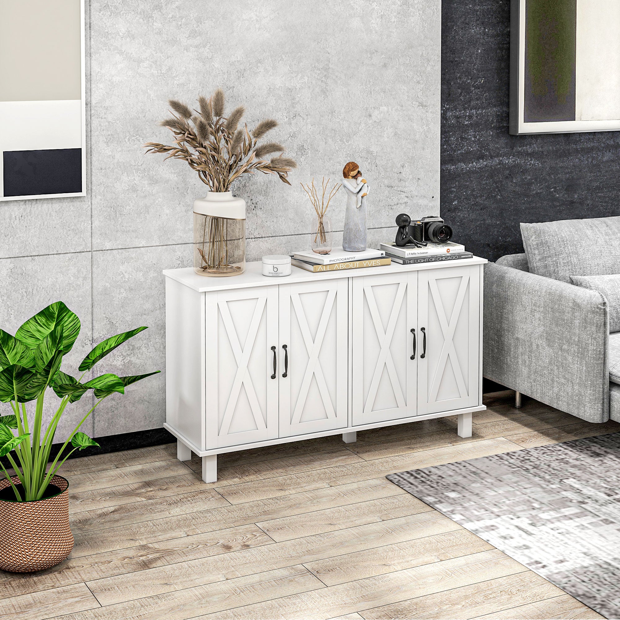 Farmhouse Sideboard Cabinet - White 47" 4 Barn Doors-DECOROLALA