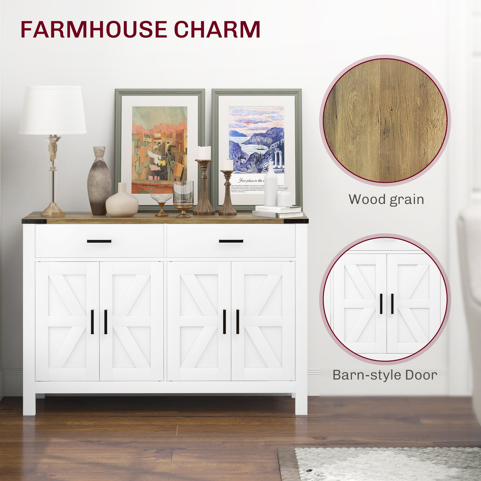 Farmhouse Sideboard Cabinet - White 47.2"W-DECOROLALA