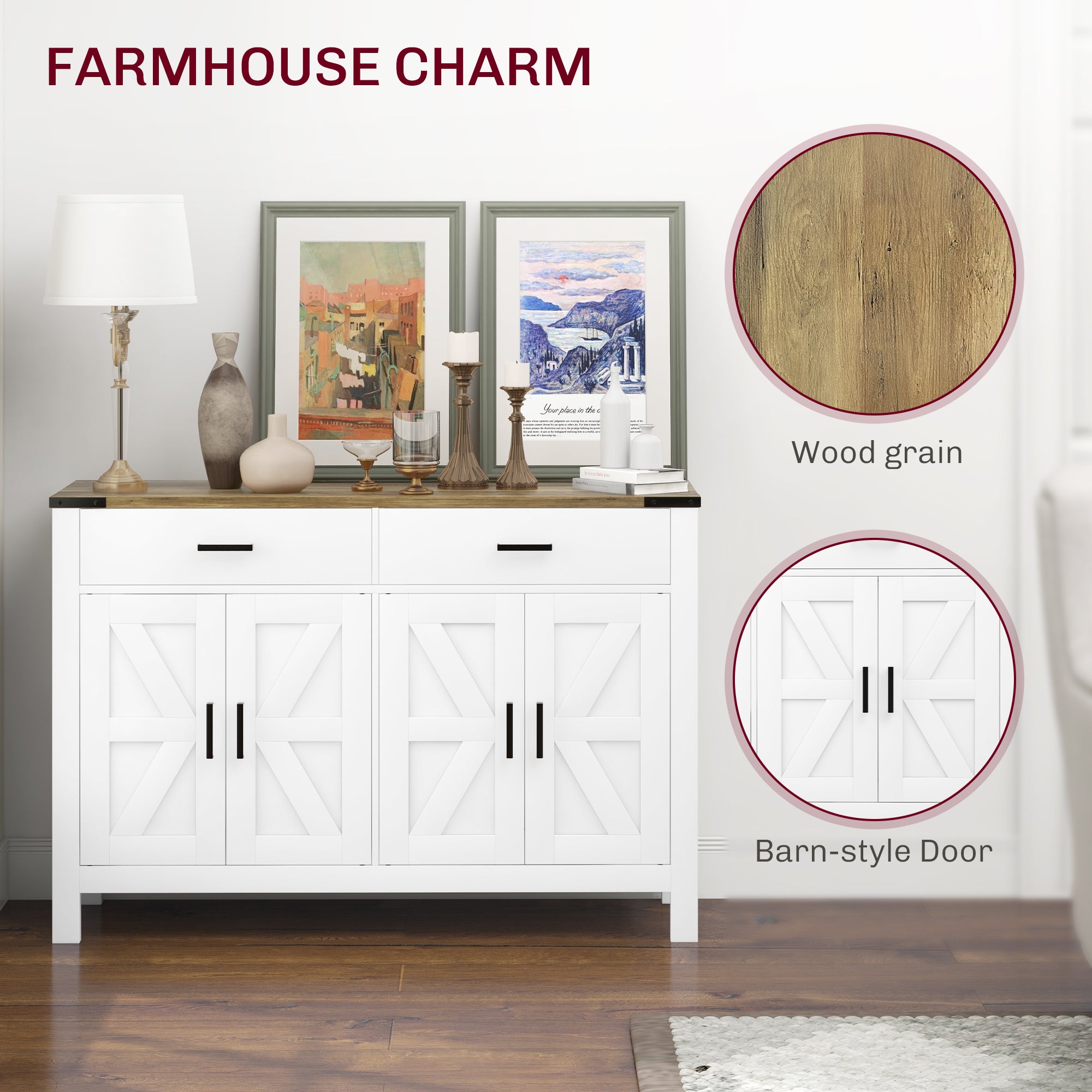 Farmhouse Sideboard Cabinet - White 47.2"W-DECOROLALA
