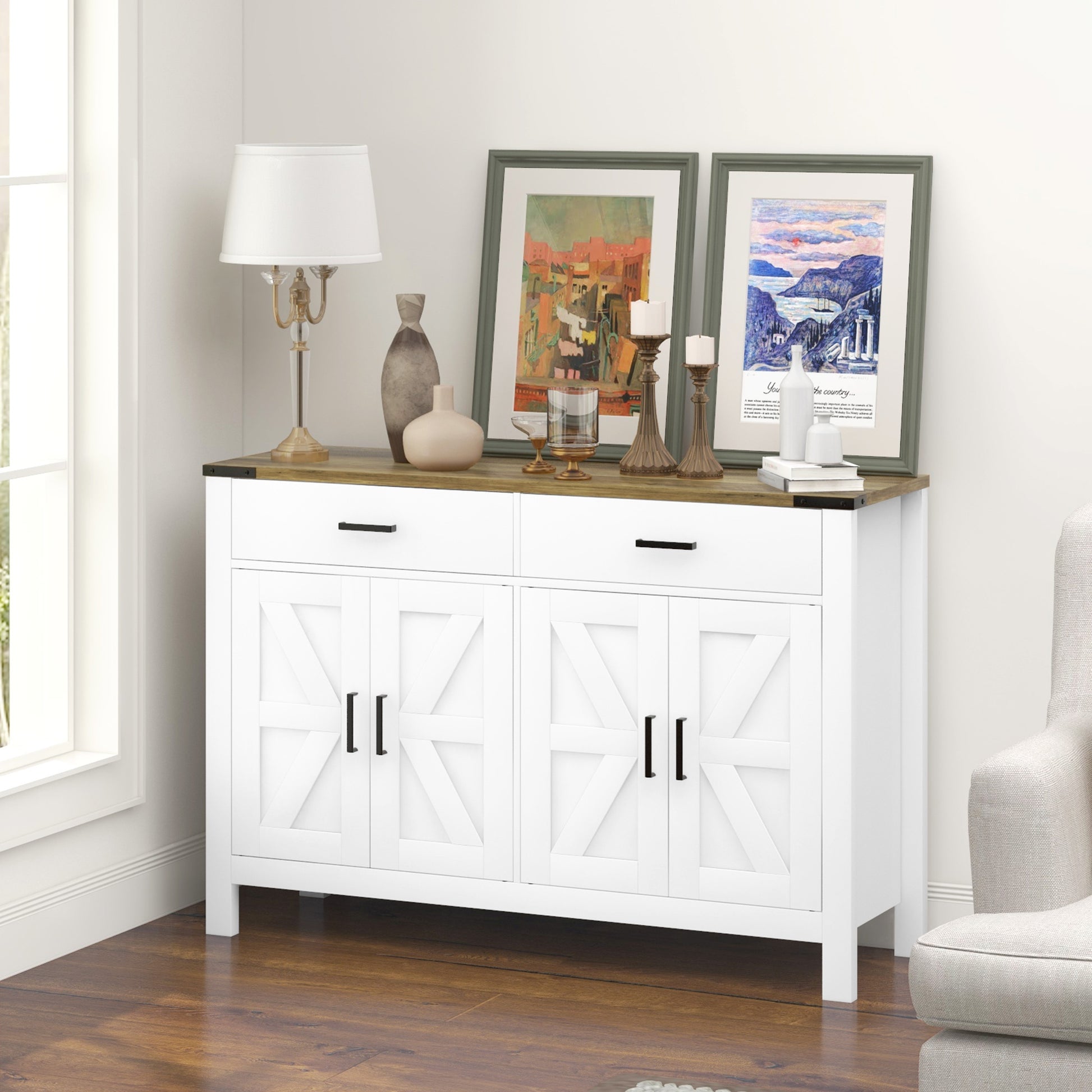 Farmhouse Sideboard Cabinet - White 47.2"W-DECOROLALA