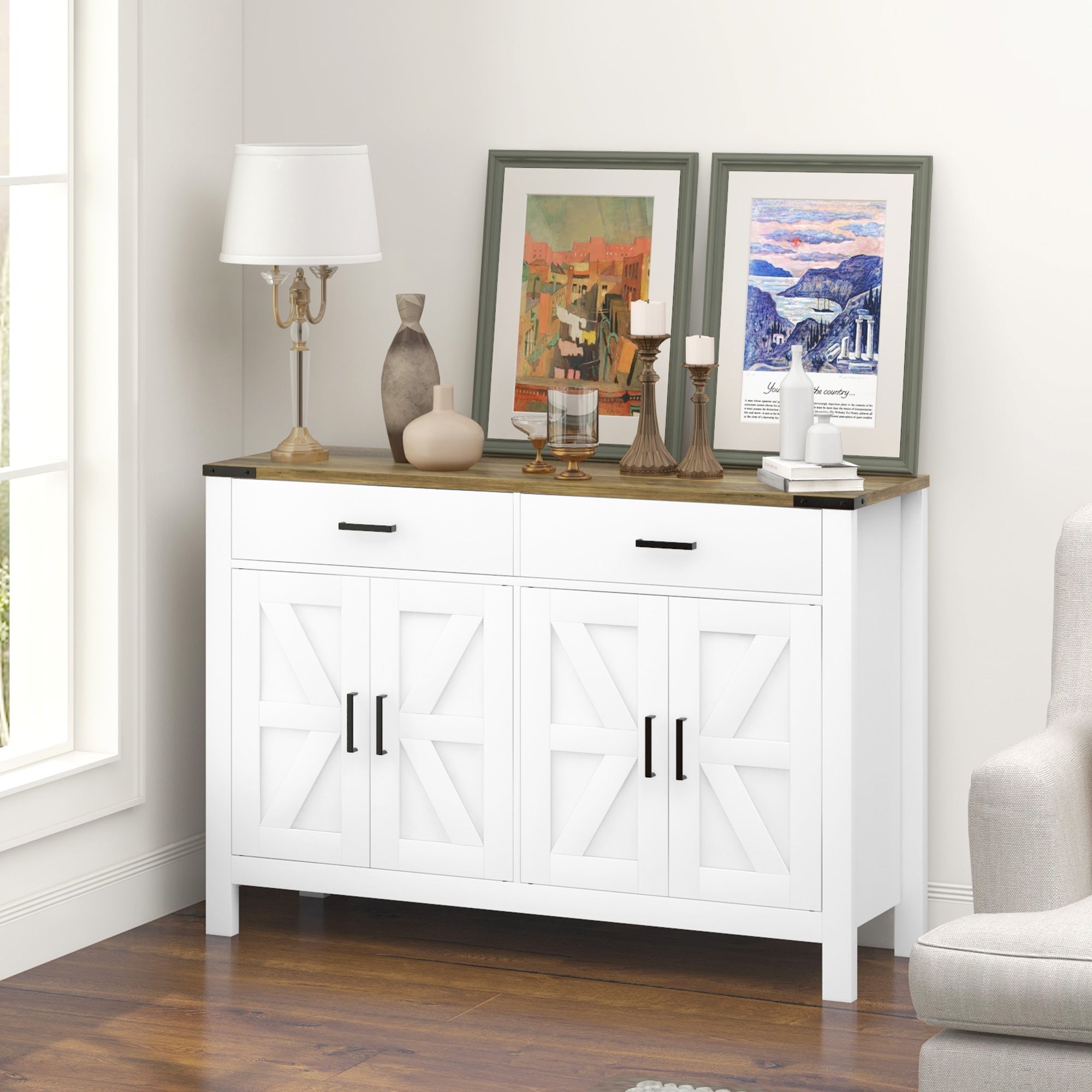 Farmhouse Sideboard Cabinet - White 47.2"W-DECOROLALA