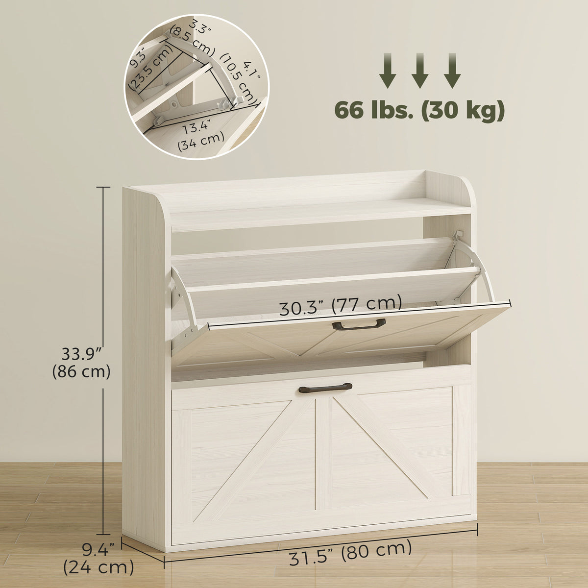 Farmhouse Slim Shoe Cabinet - 2 Flip Drawers White Oak-Home Furnishings > Storage & Organization > Shoe Storage Cabinets & Racks-DECOROLALA