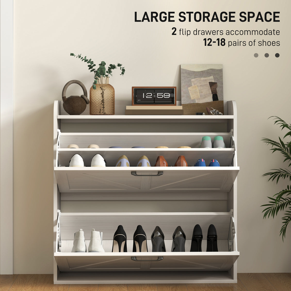Farmhouse Slim Shoe Cabinet - 2 Flip Drawers White Oak-Home Furnishings > Storage & Organization > Shoe Storage Cabinets & Racks-DECOROLALA