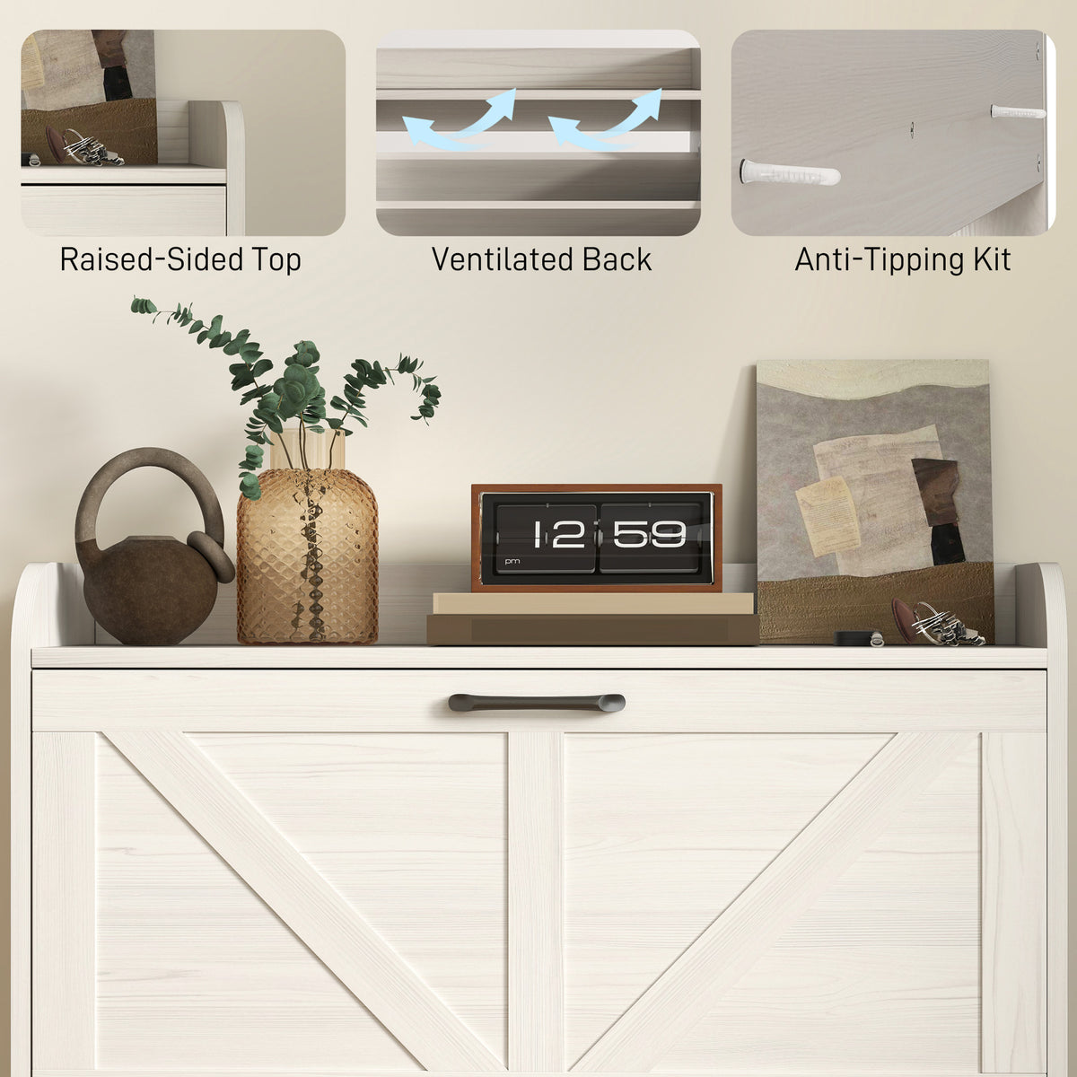 Farmhouse Slim Shoe Cabinet - 2 Flip Drawers White Oak-Home Furnishings > Storage & Organization > Shoe Storage Cabinets & Racks-DECOROLALA