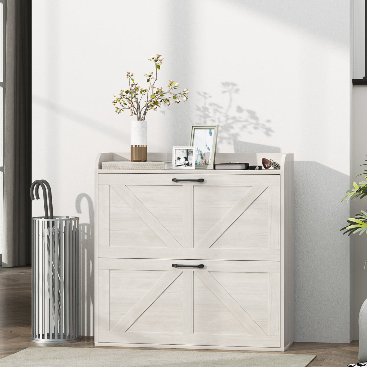 Farmhouse Slim Shoe Cabinet - 2 Flip Drawers White Oak-Home Furnishings > Storage & Organization > Shoe Storage Cabinets & Racks-DECOROLALA
