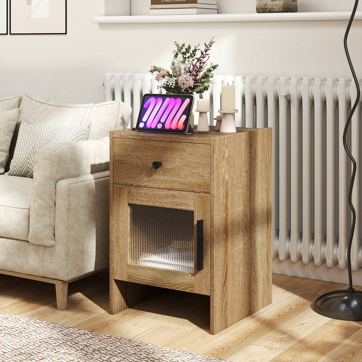 Farmhouse Sofa Side Table with Drawer and Cabinet-Antique Brush White-End & Side Tables-DECOROLALA