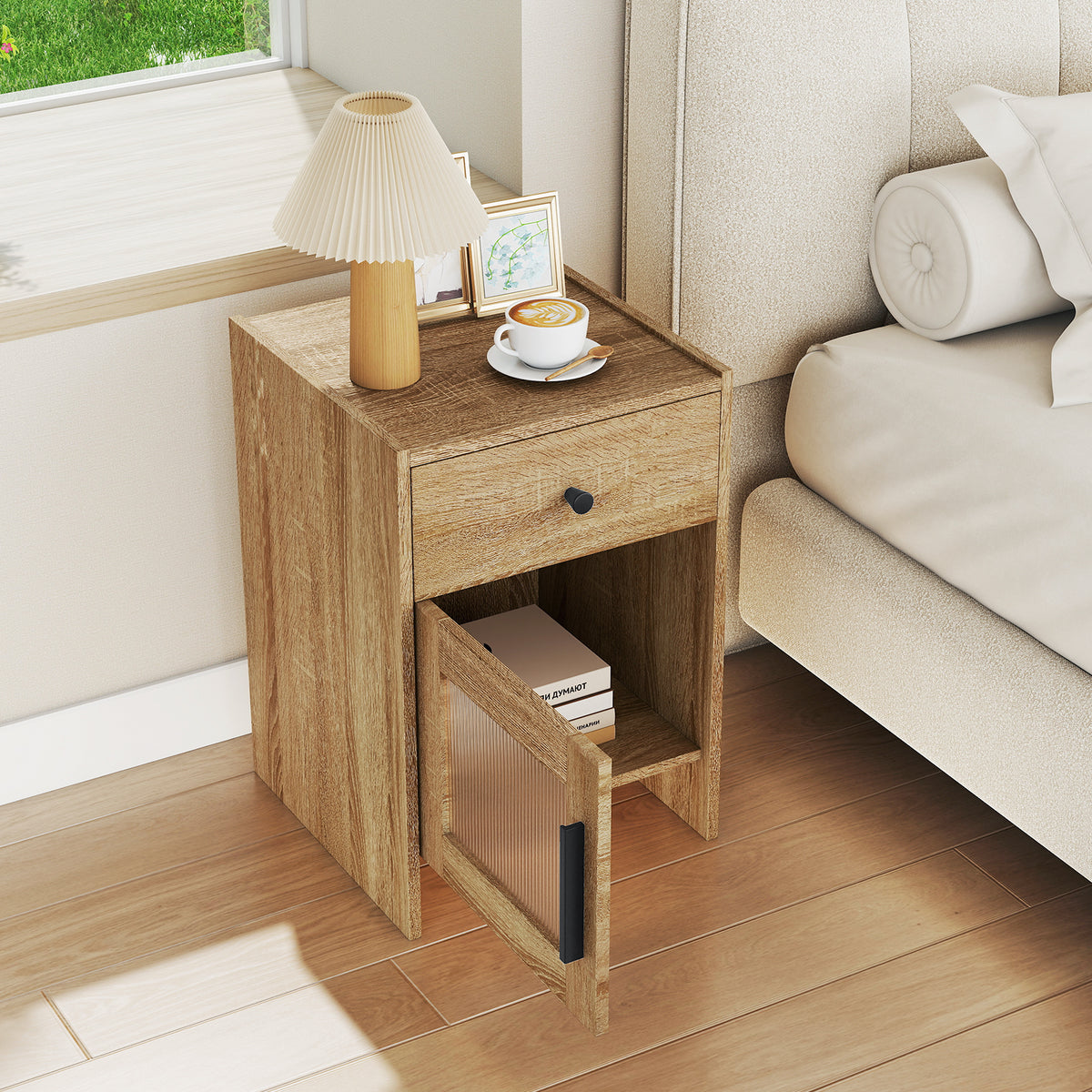 Farmhouse Sofa Side Table with Drawer and Cabinet-Antique Brush White-End & Side Tables-DECOROLALA