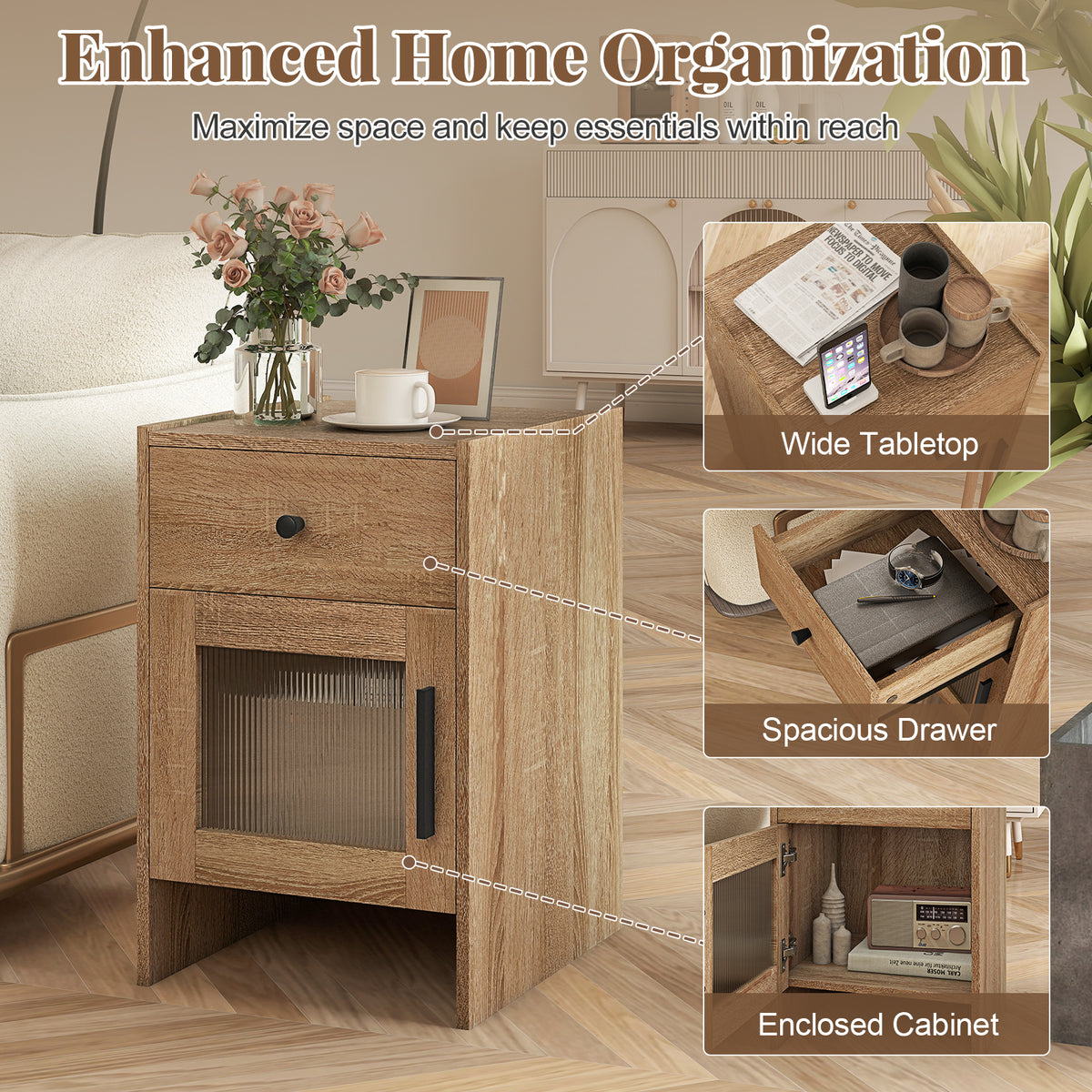 Farmhouse Sofa Side Table with Drawer and Cabinet-Antique Brush White-End & Side Tables-DECOROLALA