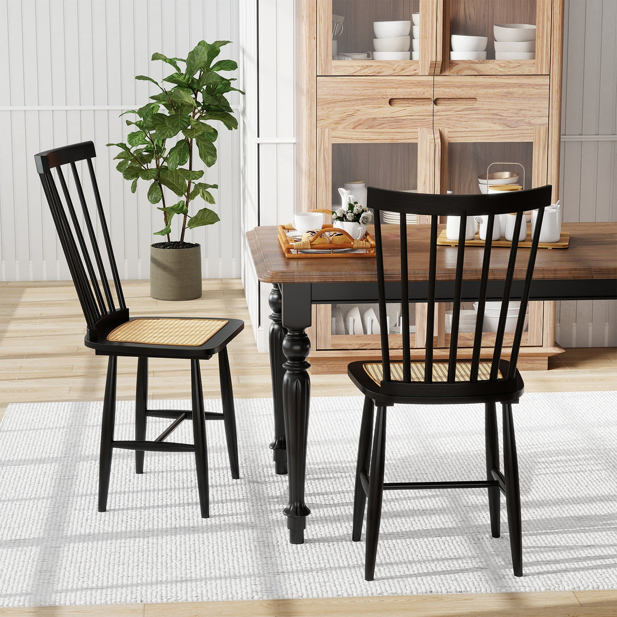 Farmhouse Solid Rubber Wood Dining Chairs Set of 2 with PE Rattan Seats-Black-Dining Chairs-DECOROLALA