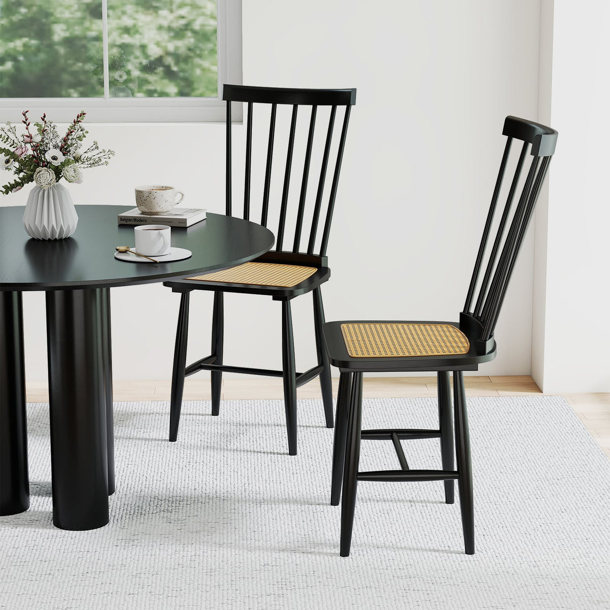 Farmhouse Solid Rubber Wood Dining Chairs Set of 2 with PE Rattan Seats-Black-Dining Chairs-DECOROLALA