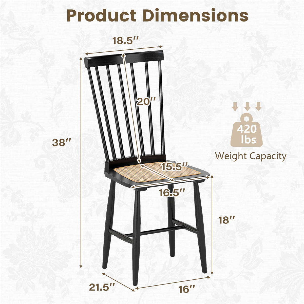 Farmhouse Solid Rubber Wood Dining Chairs Set of 2 with PE Rattan Seats-Black-Dining Chairs-DECOROLALA