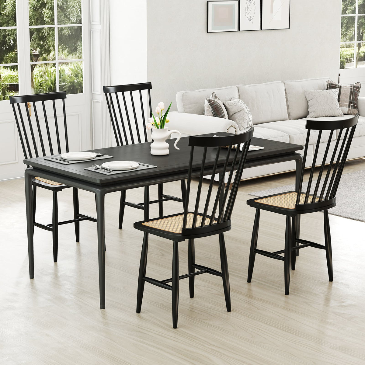 Farmhouse Solid Rubber Wood Dining Chairs Set of 2 with PE Rattan Seats-Black-Dining Chairs-DECOROLALA
