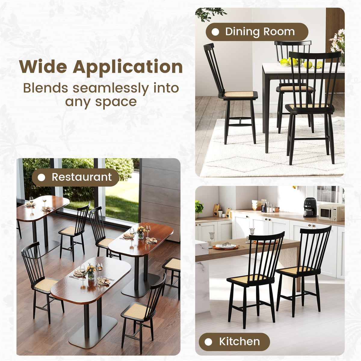 Farmhouse Solid Rubber Wood Dining Chairs Set of 2 with PE Rattan Seats-Black-Dining Chairs-DECOROLALA