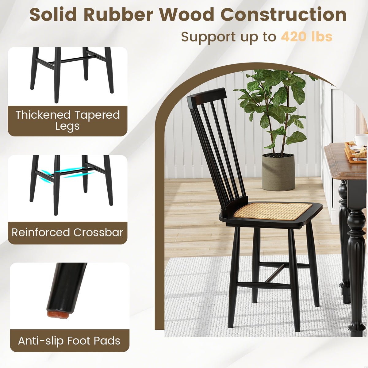 Farmhouse Solid Rubber Wood Dining Chairs Set of 2 with PE Rattan Seats-Black-Dining Chairs-DECOROLALA