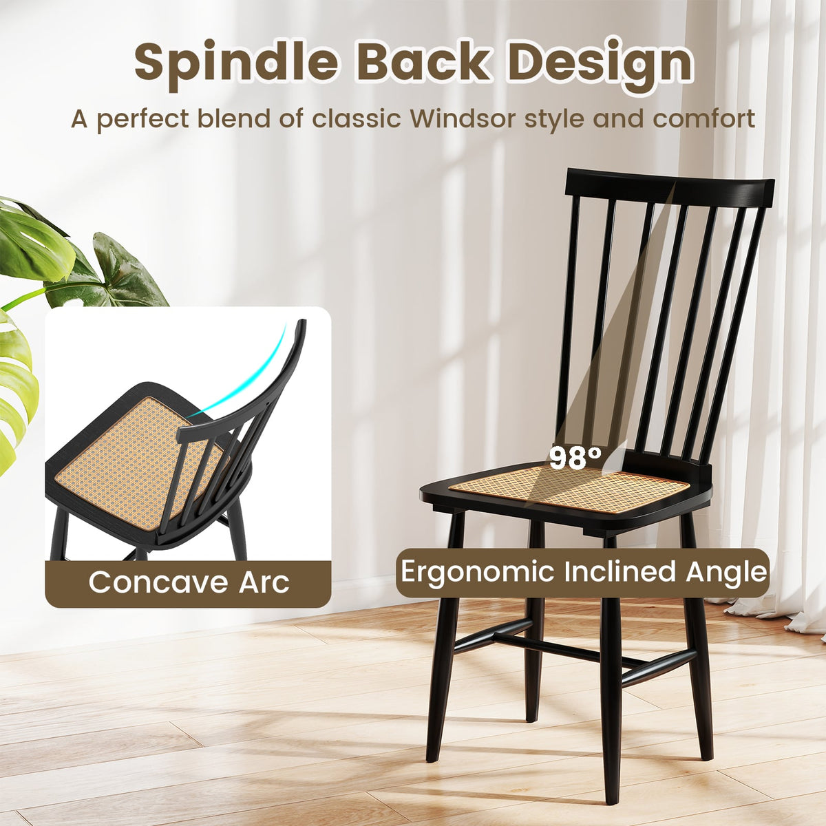 Farmhouse Solid Rubber Wood Dining Chairs Set of 2 with PE Rattan Seats-Black-Dining Chairs-DECOROLALA