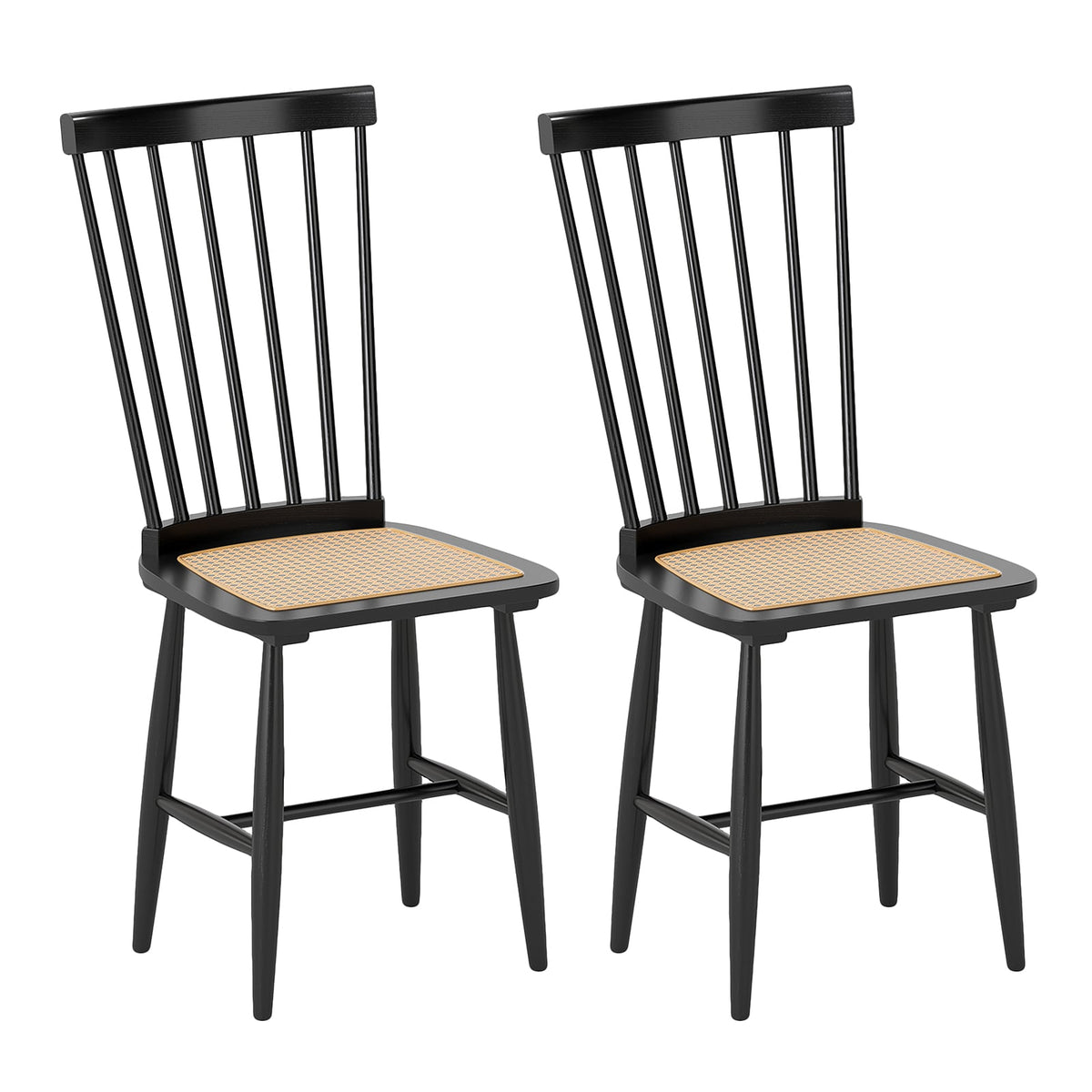 Farmhouse Solid Rubber Wood Dining Chairs Set of 2 with PE Rattan Seats-Black-Dining Chairs-DECOROLALA