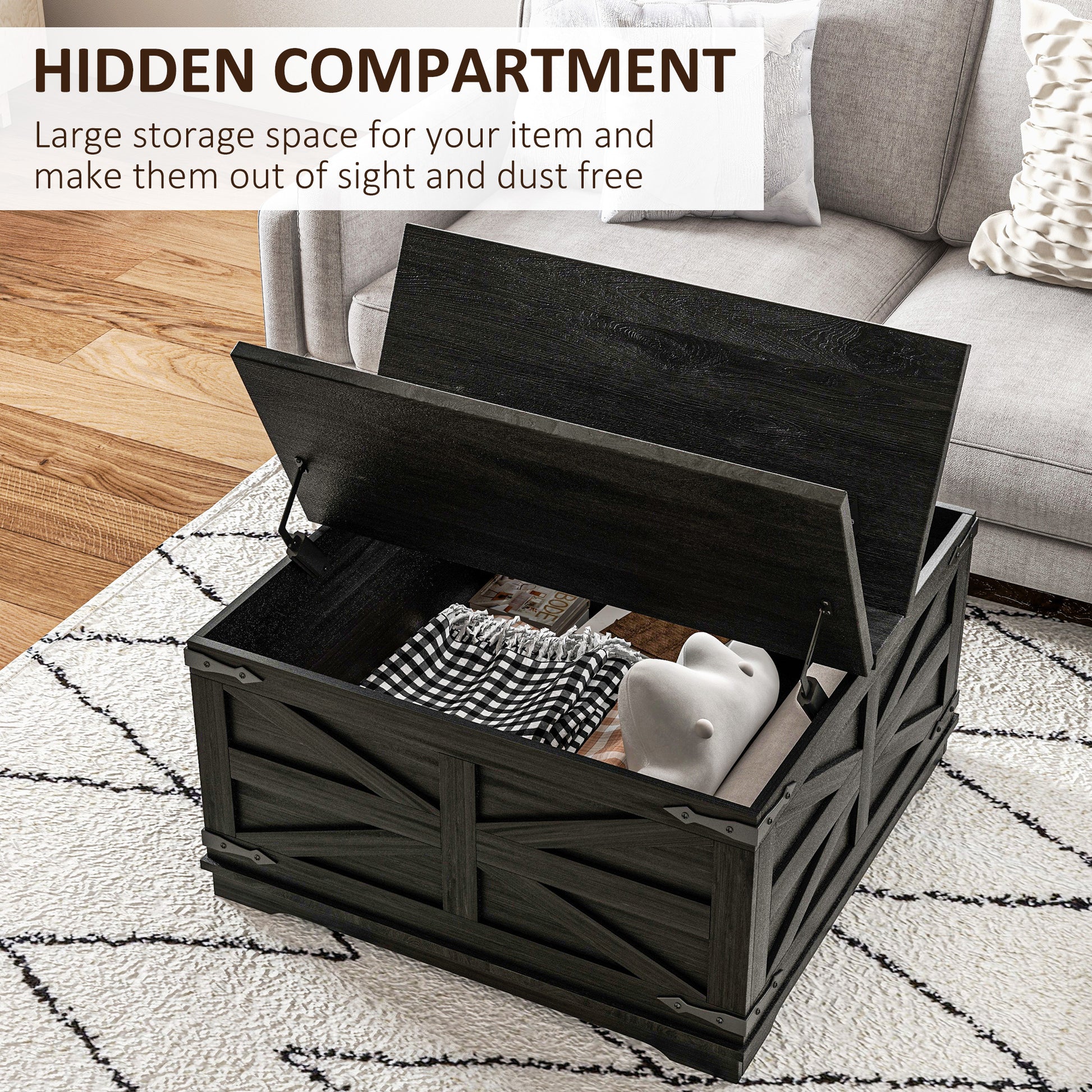 Farmhouse Square Coffee Table with Hidden Storage - Black-DECOROLALA