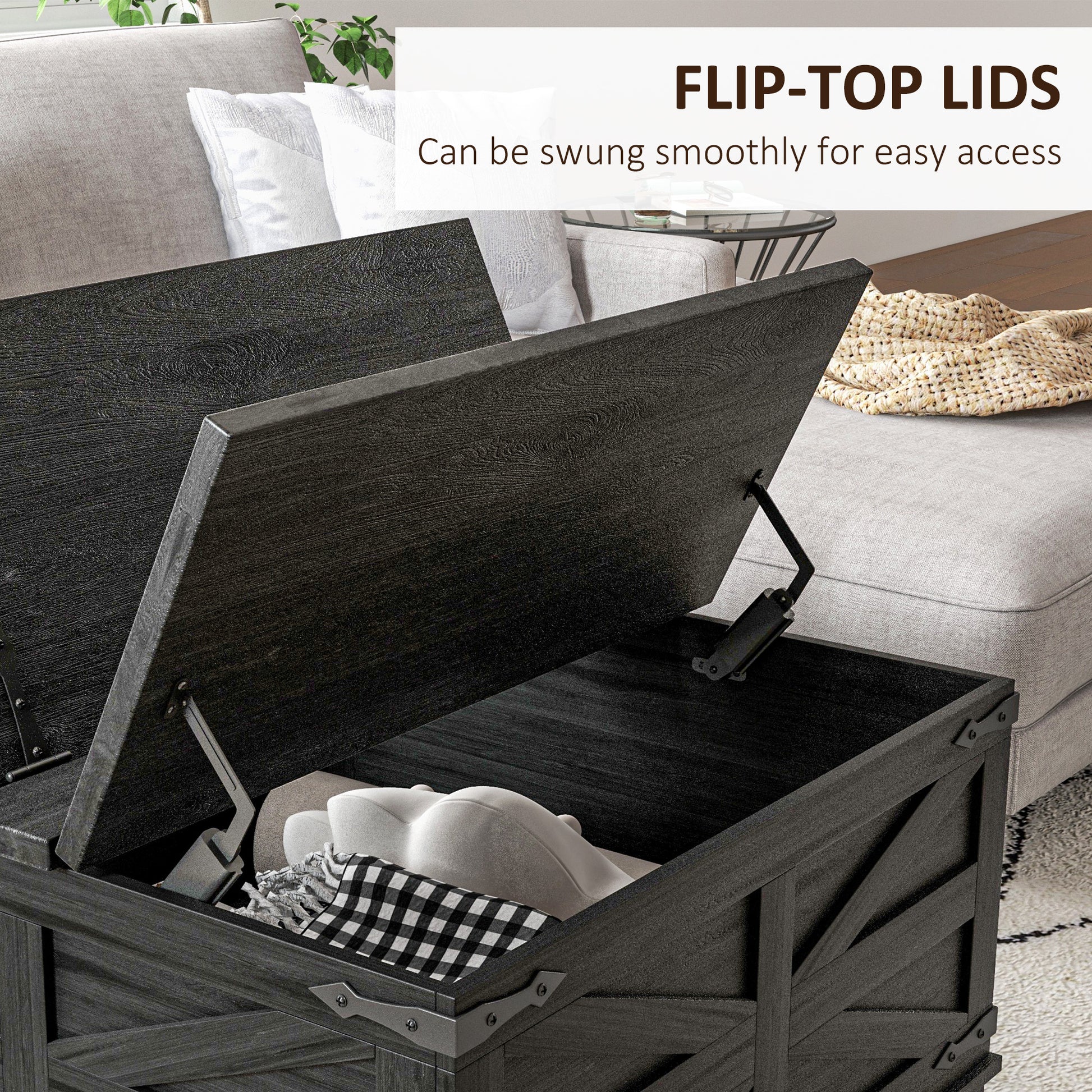 Farmhouse Square Coffee Table with Hidden Storage - Black-DECOROLALA