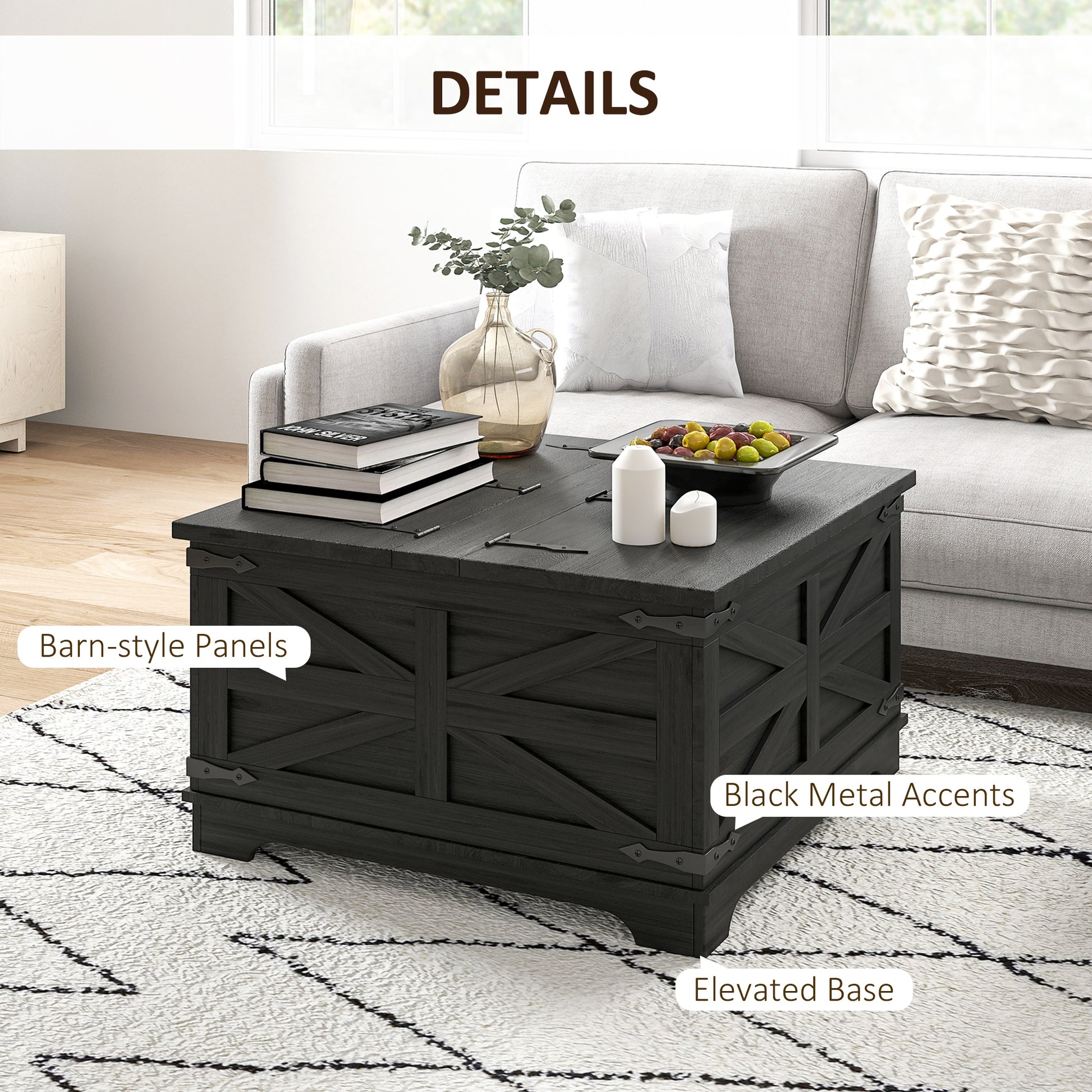 Farmhouse Square Coffee Table with Hidden Storage - Black-DECOROLALA