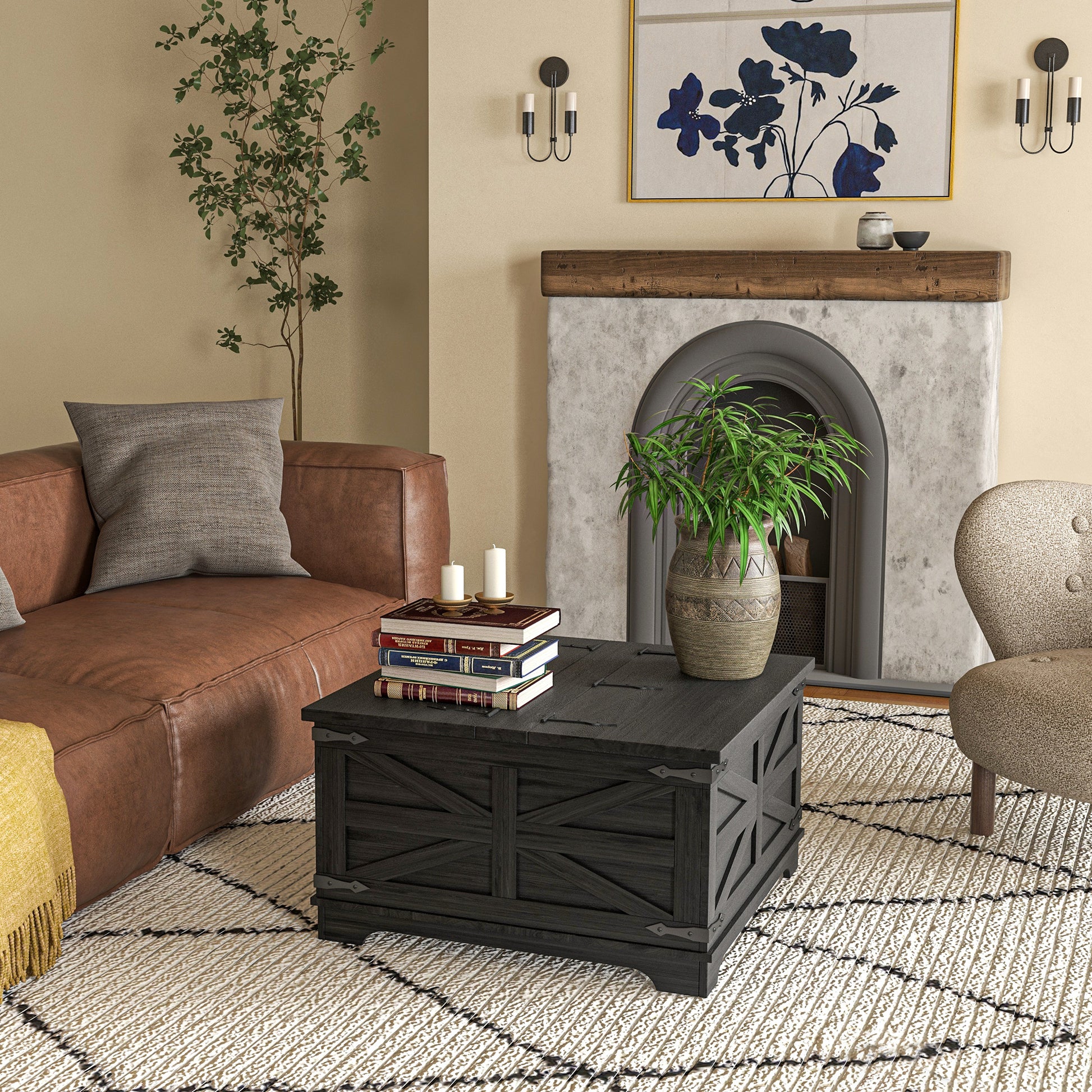 Farmhouse Square Coffee Table with Hidden Storage - Black-DECOROLALA