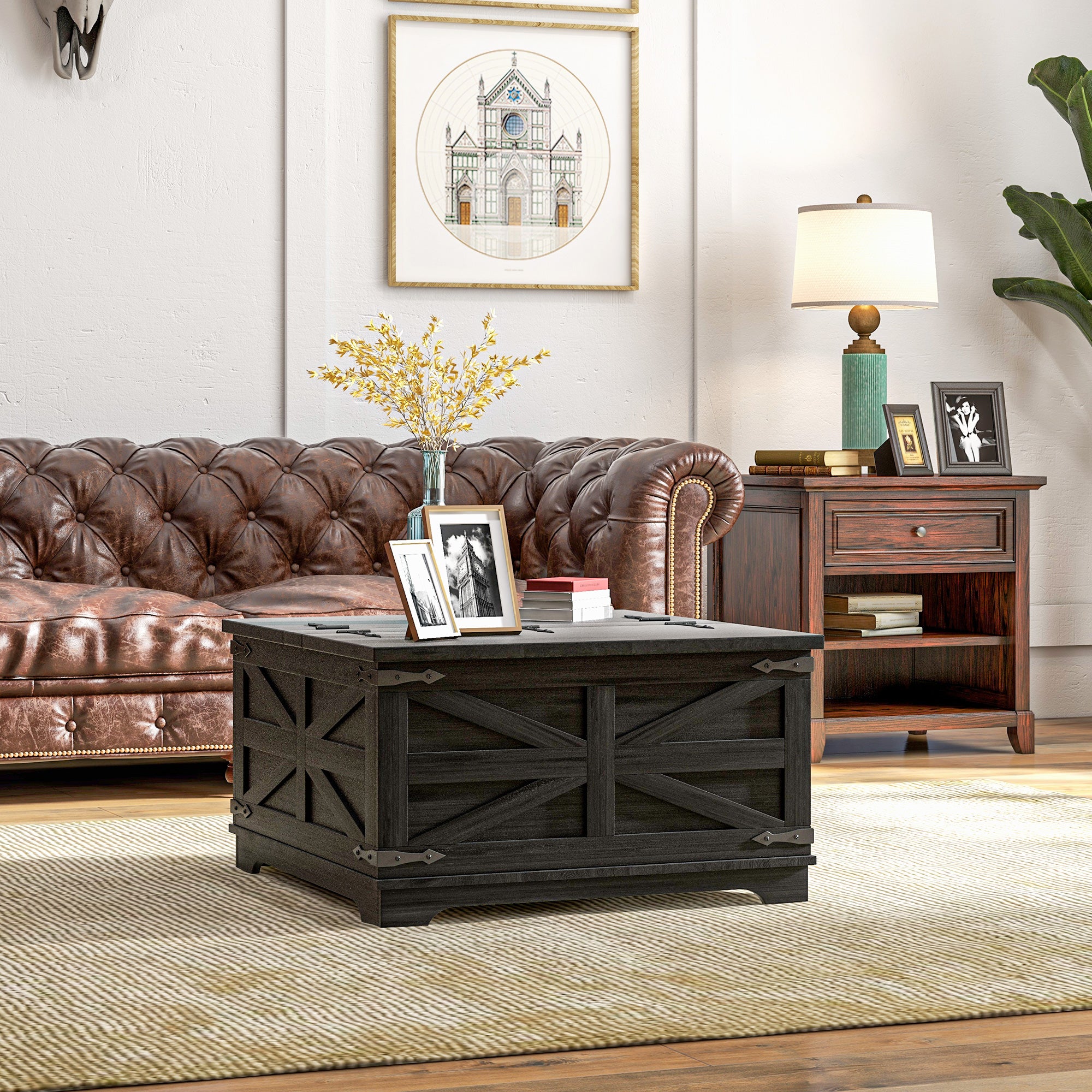 Farmhouse Square Coffee Table with Hidden Storage - Black-DECOROLALA