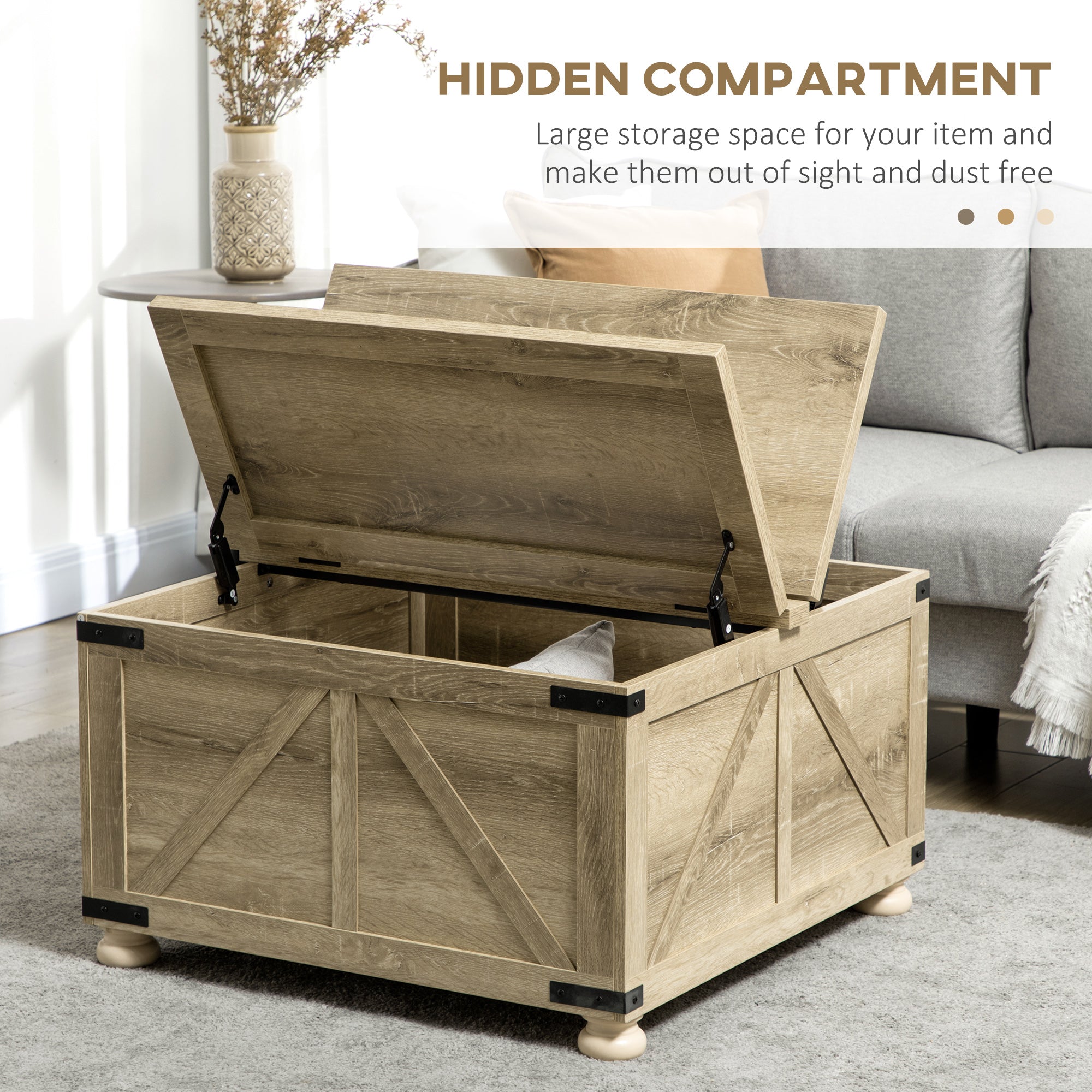 Farmhouse Square Coffee Table with Hidden Storage - Oak-DECOROLALA