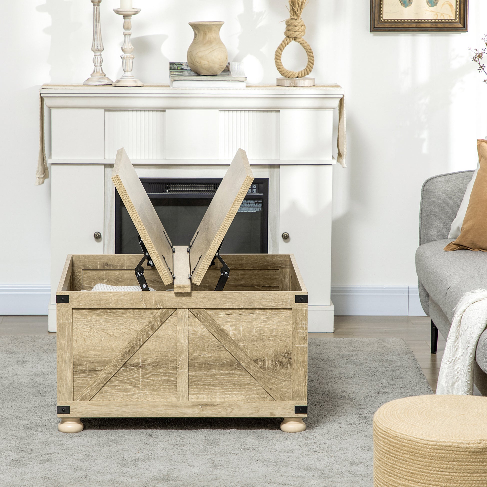 Farmhouse Square Coffee Table with Hidden Storage - Oak-DECOROLALA