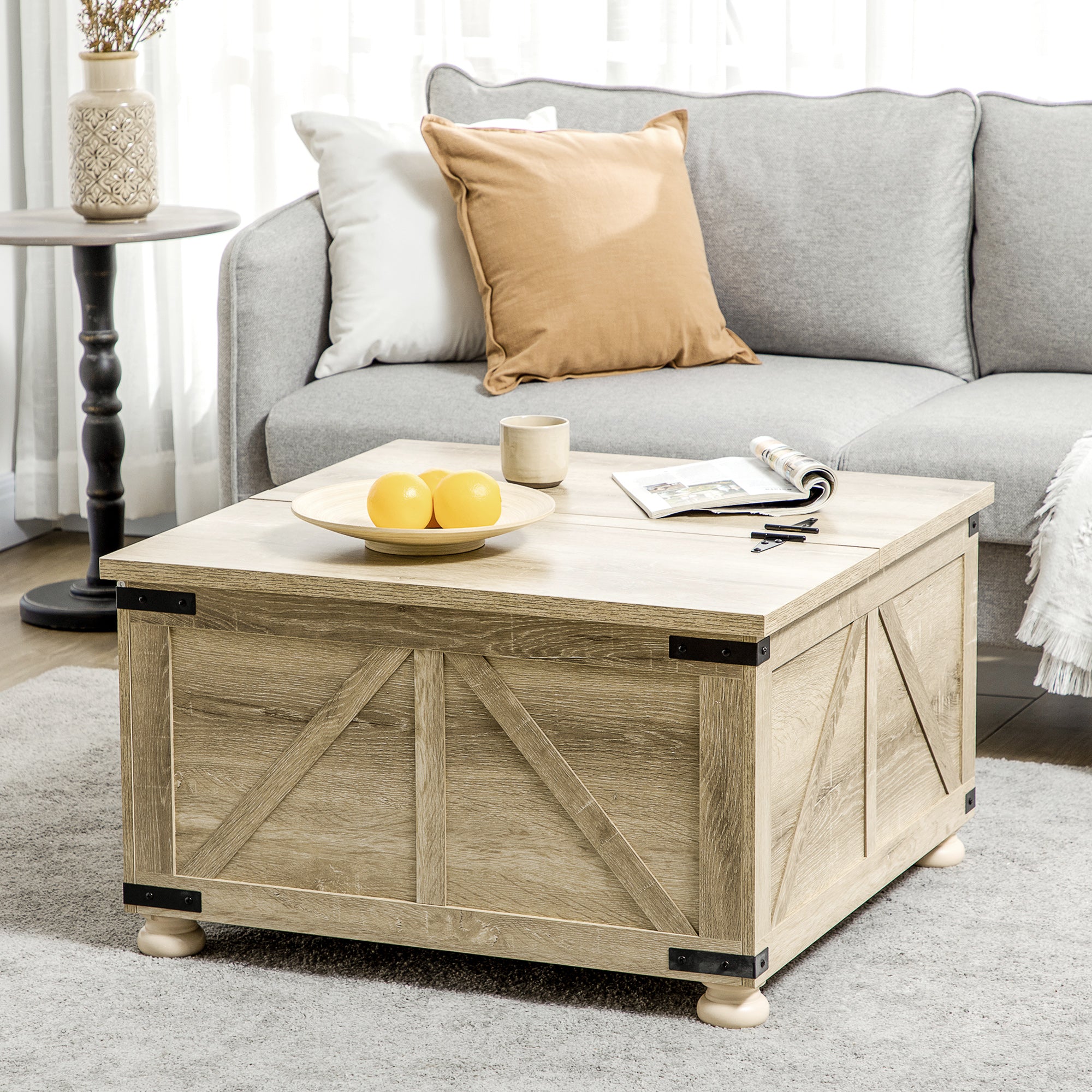 Farmhouse Square Coffee Table with Hidden Storage - Oak-DECOROLALA