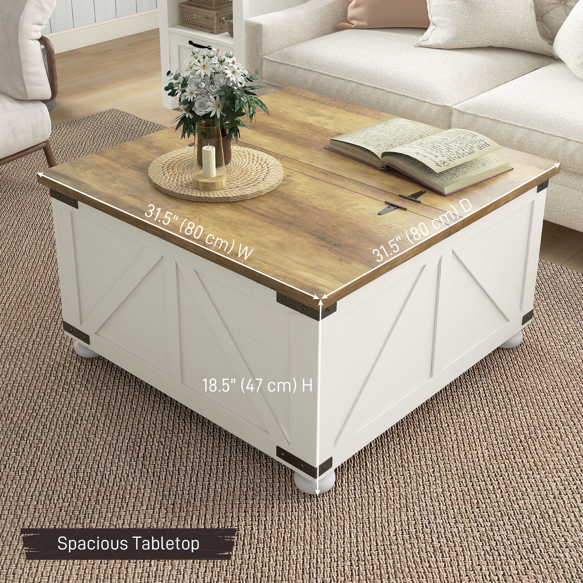 Farmhouse Square Coffee Table with Storage - Antique White-DECOROLALA