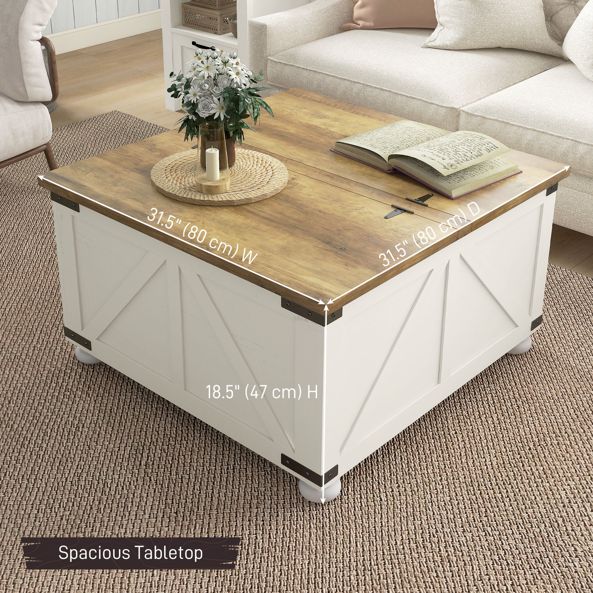 Farmhouse Square Coffee Table with Storage - Antique White-DECOROLALA