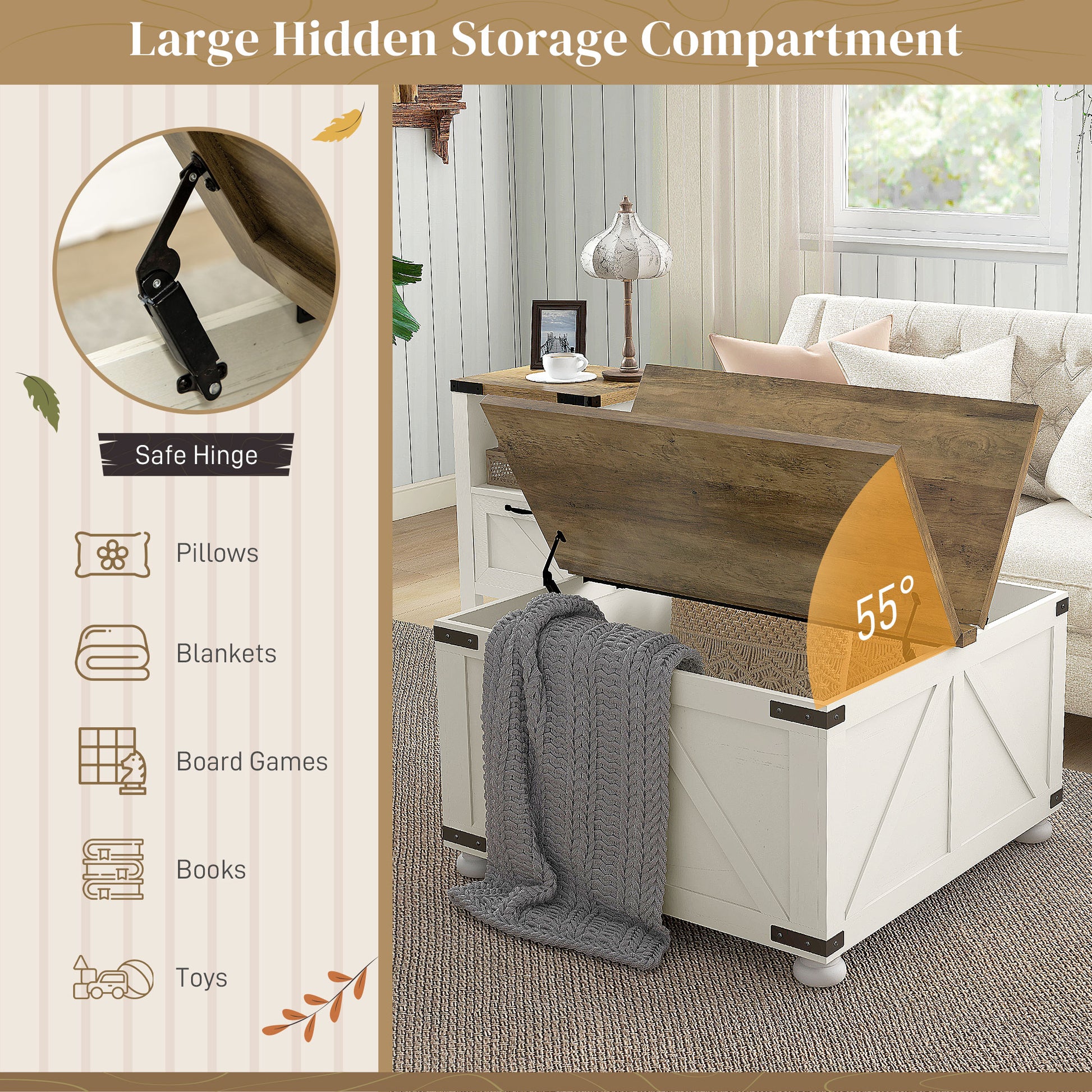 Farmhouse Square Coffee Table with Storage - Antique White-DECOROLALA