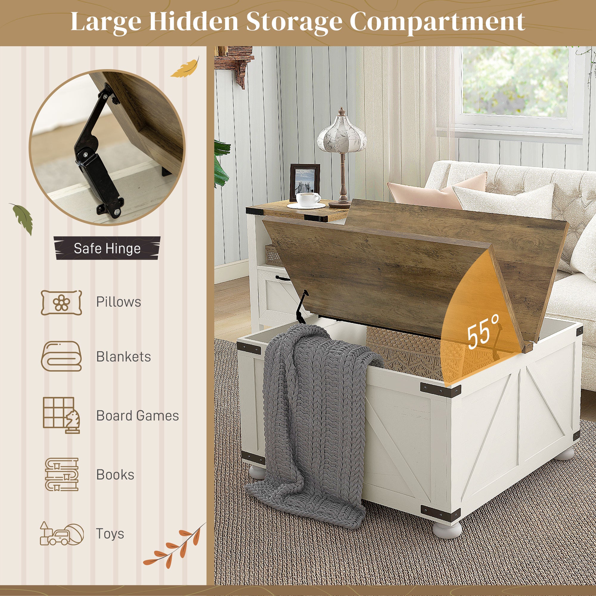 Farmhouse Square Coffee Table with Storage - Antique White-DECOROLALA
