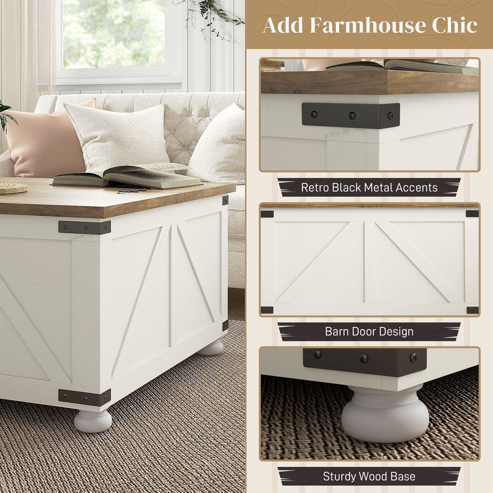 Farmhouse Square Coffee Table with Storage - Antique White-DECOROLALA