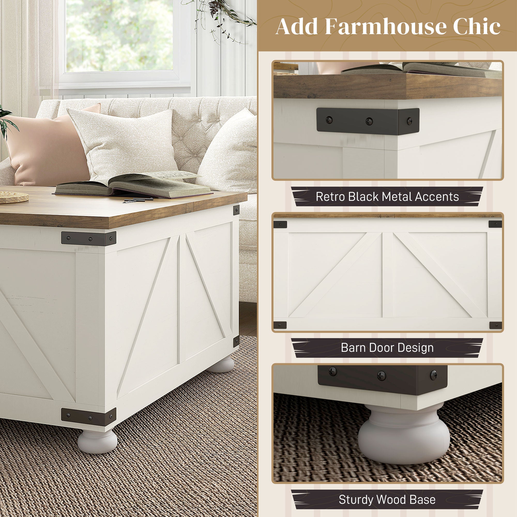 Farmhouse Square Coffee Table with Storage - Antique White-DECOROLALA