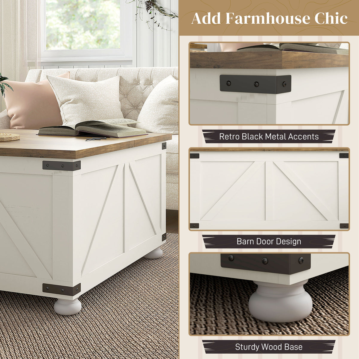 Farmhouse Square Coffee Table with Storage - Antique White-DECOROLALA