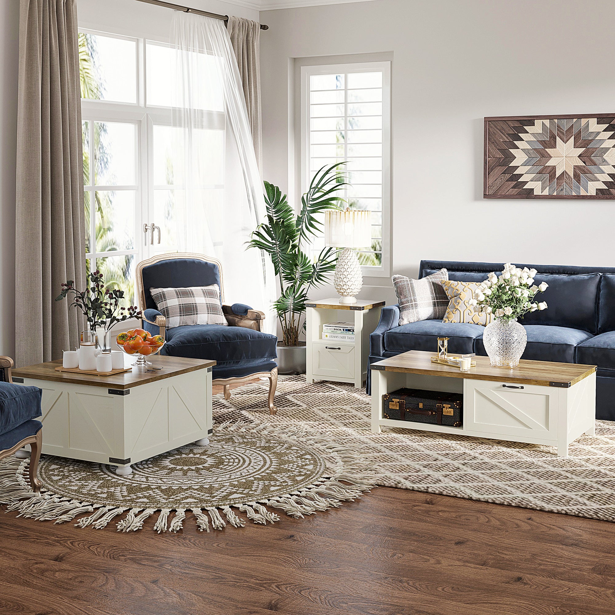 Farmhouse Square Coffee Table with Storage - Antique White-DECOROLALA