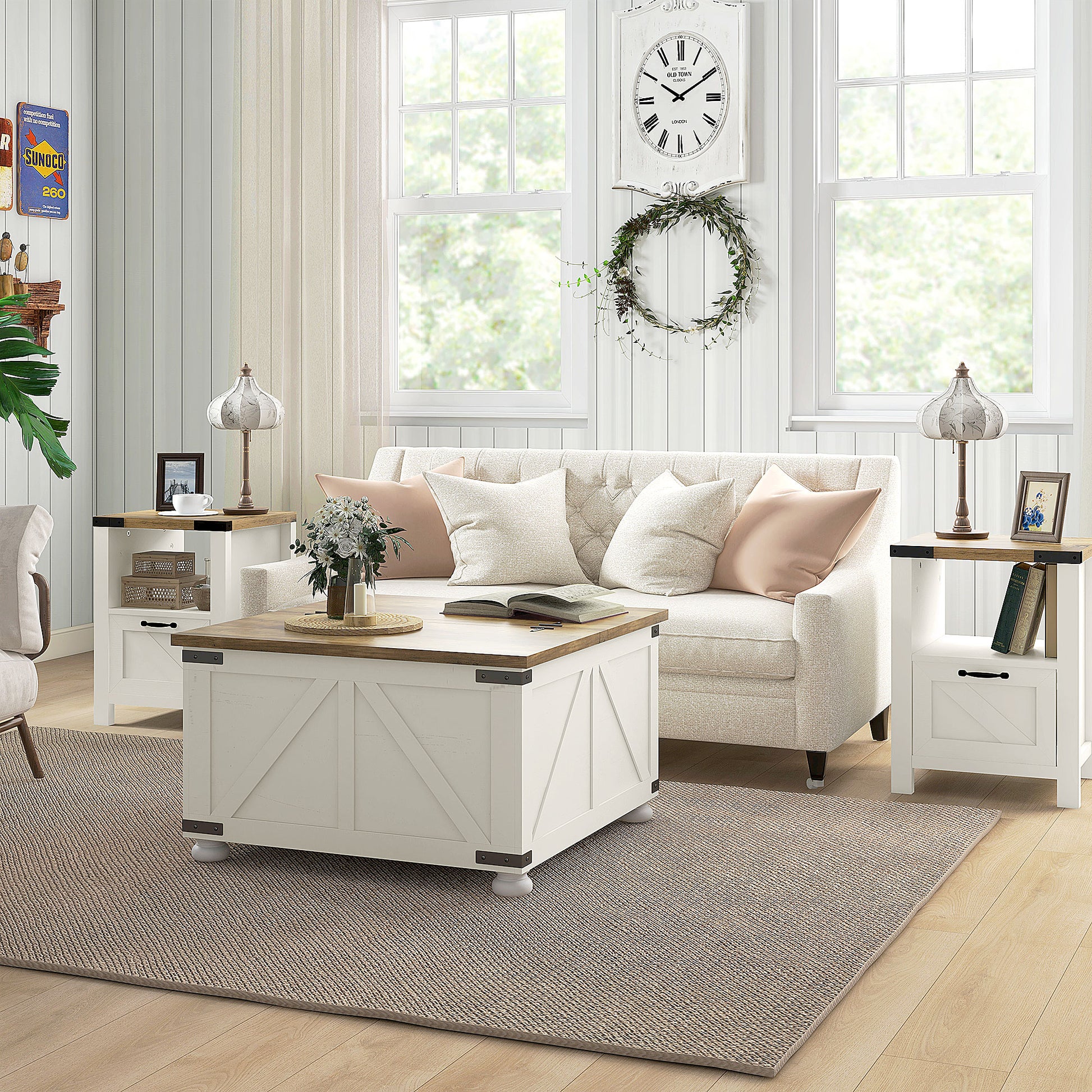 Farmhouse Square Coffee Table with Storage - Antique White-DECOROLALA