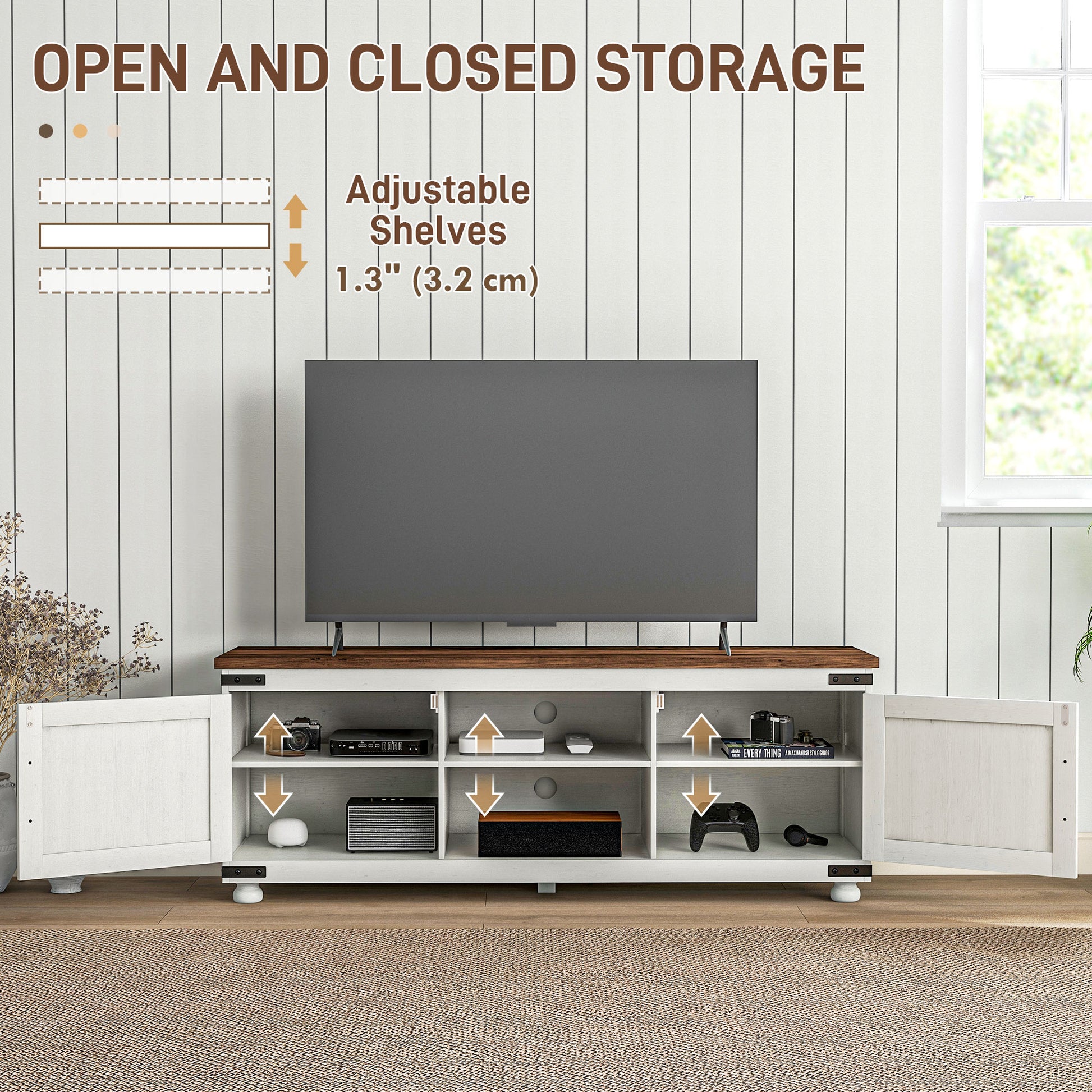 Farmhouse TV Stand - Minimalist Barn Doors, Cable Management, Distressed White, 65" TV-DECOROLALA