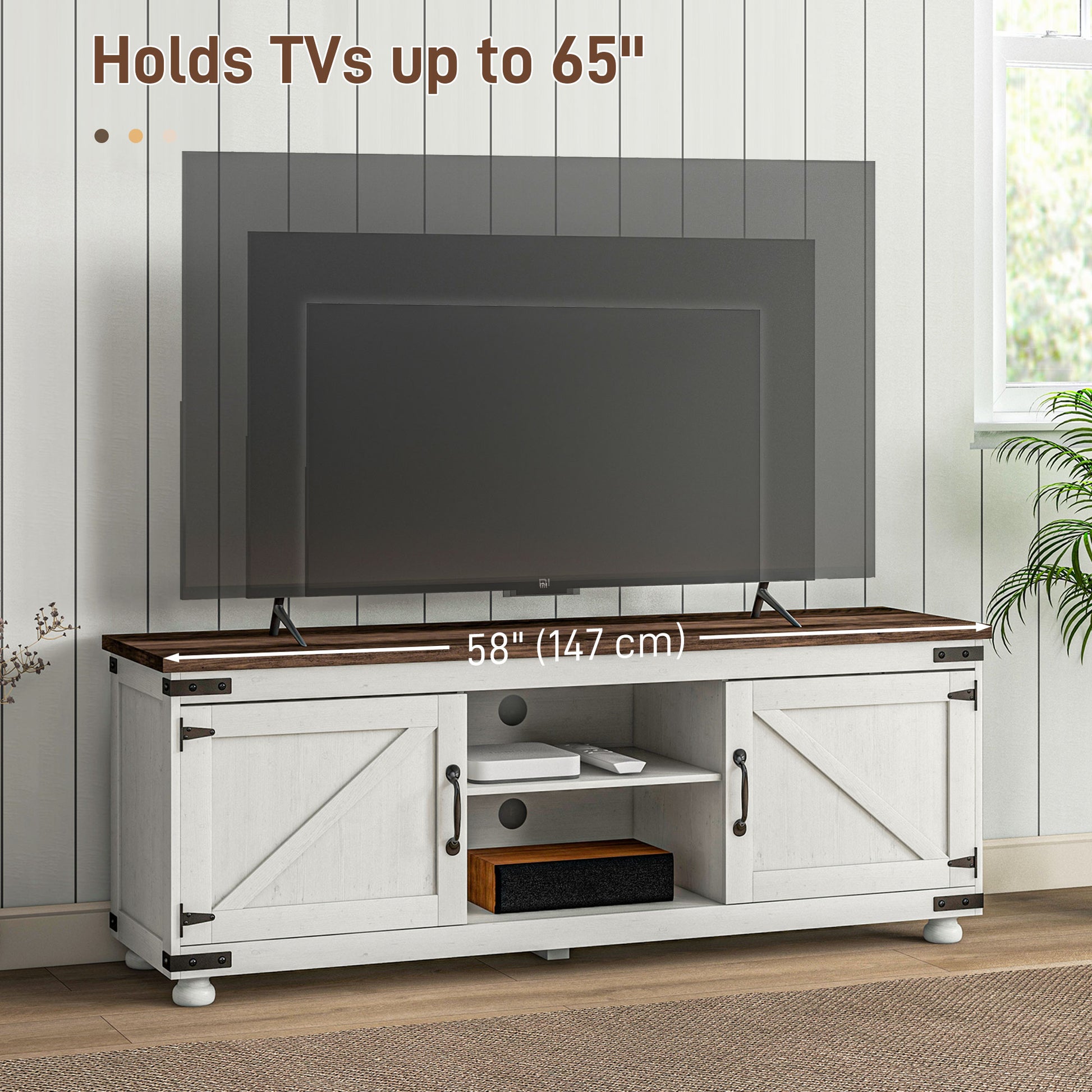 Farmhouse TV Stand - Minimalist Barn Doors, Cable Management, Distressed White, 65" TV-DECOROLALA