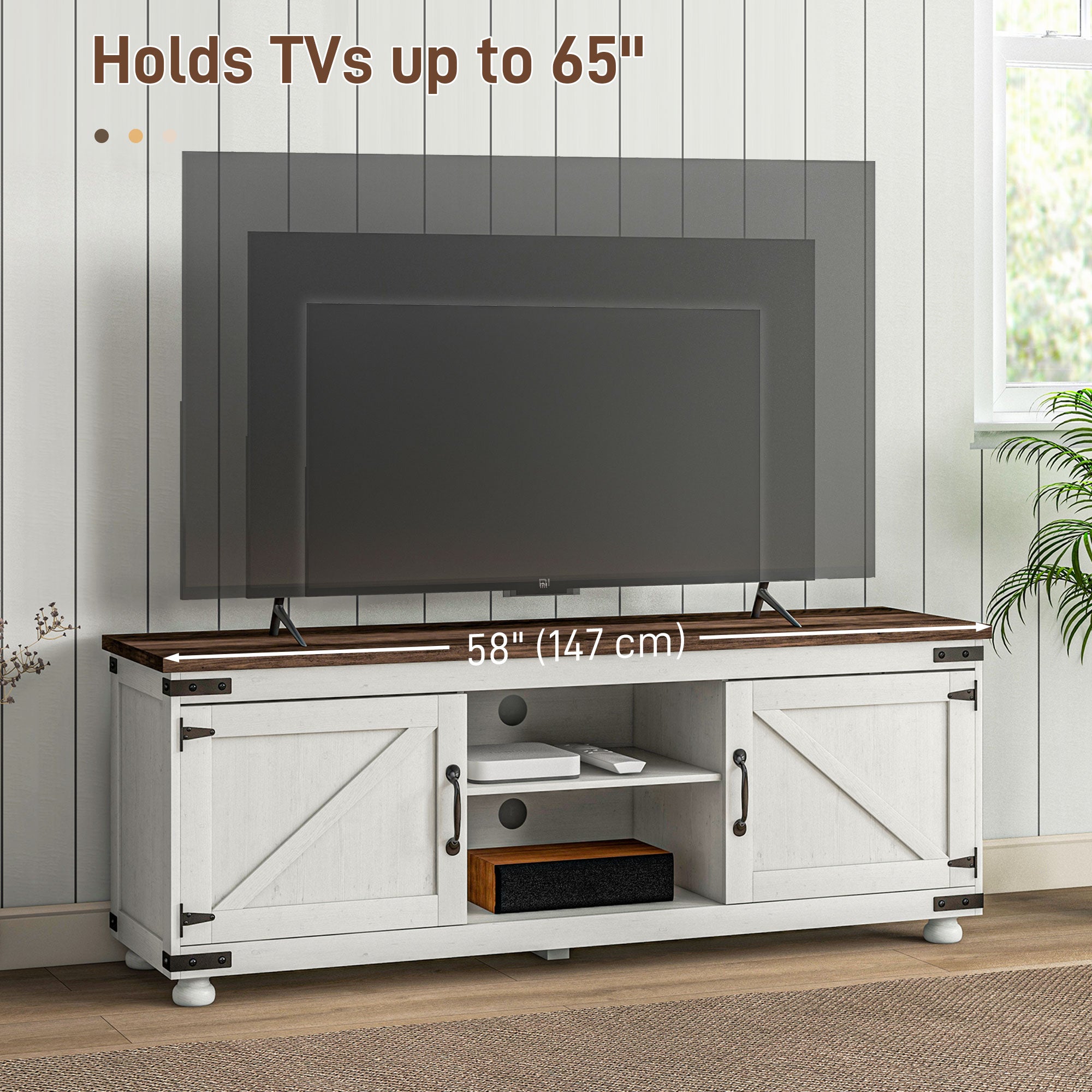 Farmhouse TV Stand - Minimalist Barn Doors, Cable Management, Distressed White, 65" TV-DECOROLALA