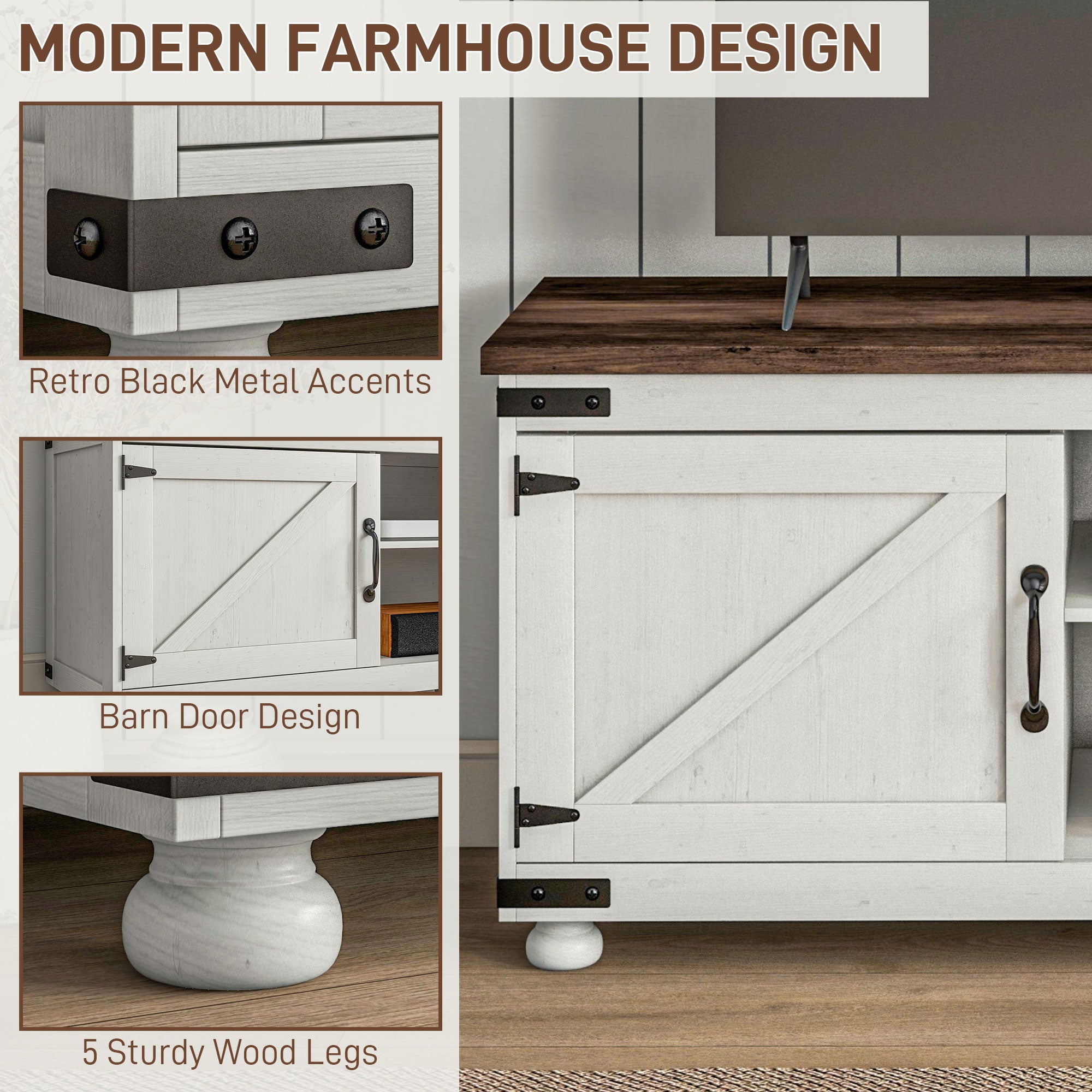 Farmhouse TV Stand - Minimalist Barn Doors, Cable Management, Distressed White, 65" TV-DECOROLALA