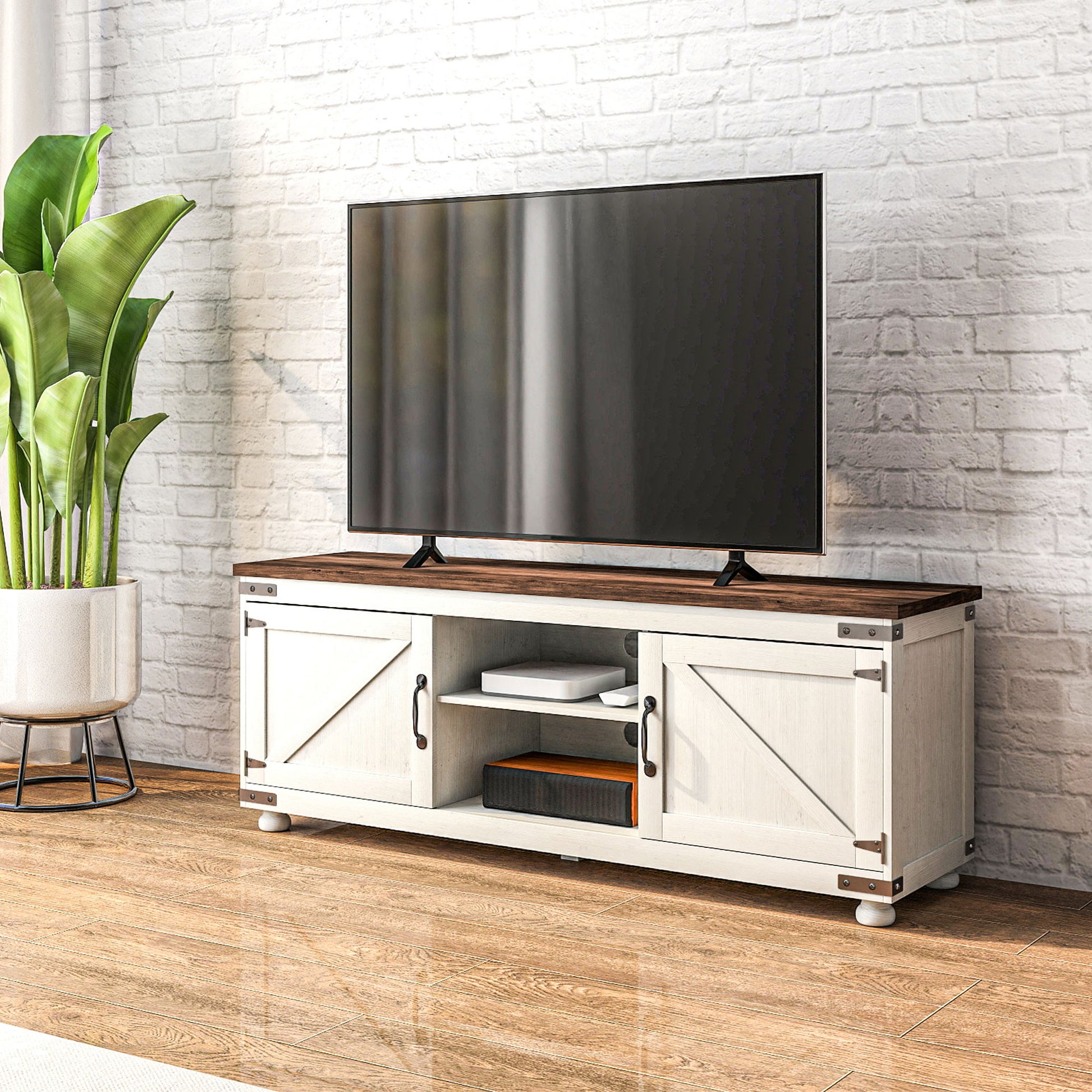 Farmhouse TV Stand - Minimalist Barn Doors, Cable Management, Distressed White, 65" TV-DECOROLALA
